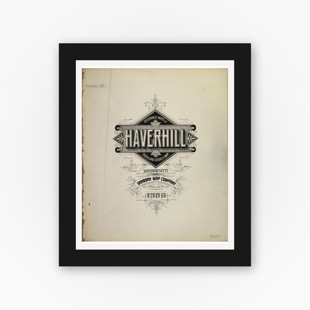 Old map wall art mockup — black gallery frame with white mat — Sanborn Fire Insurance Map from Haverhill, Essex County, Massachusetts (1906), Sheet #0001