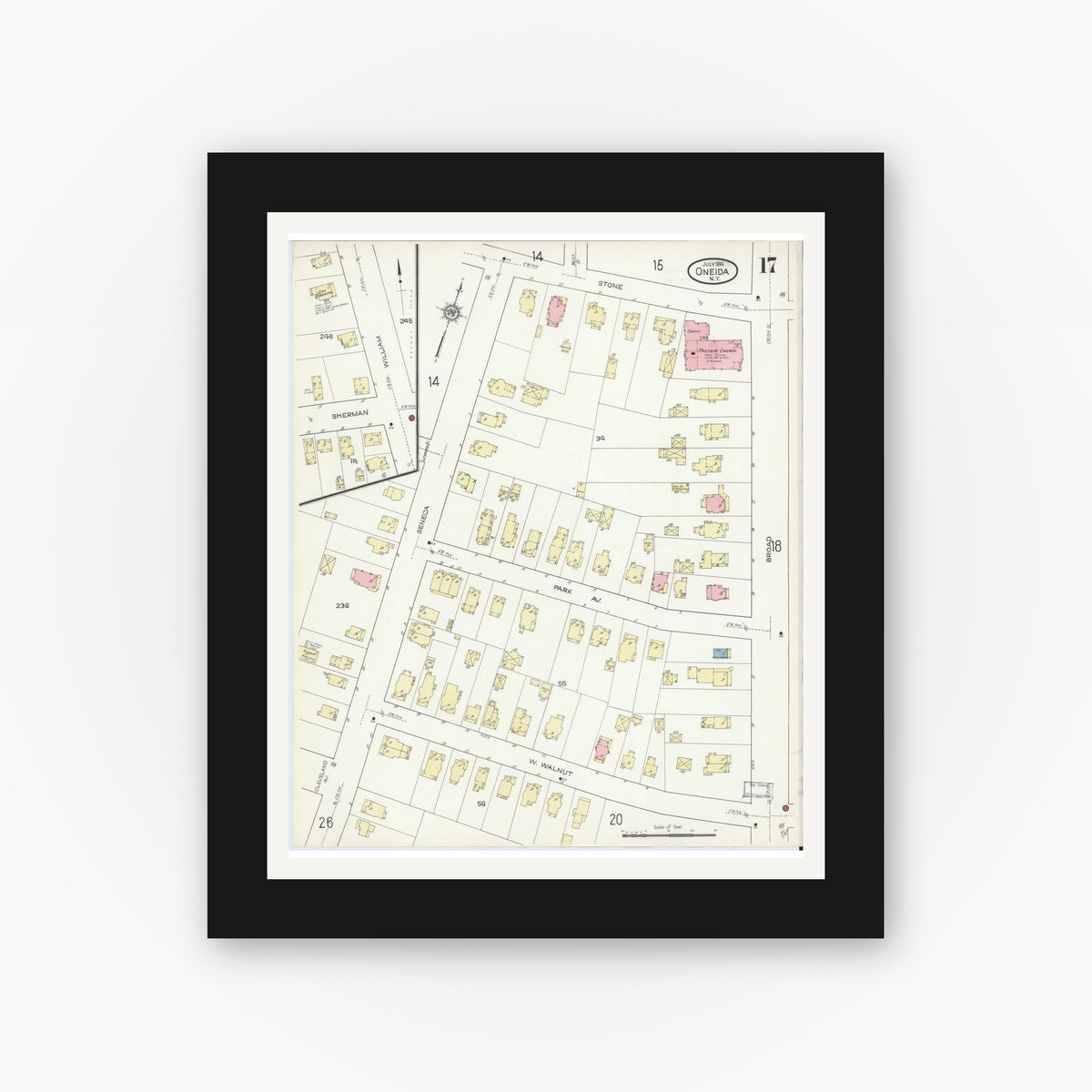 Old map wall art mockup — black gallery frame with white mat — Sanborn Fire Insurance Map from Oneida, Madison County, New York (1914), Sheet #0017
