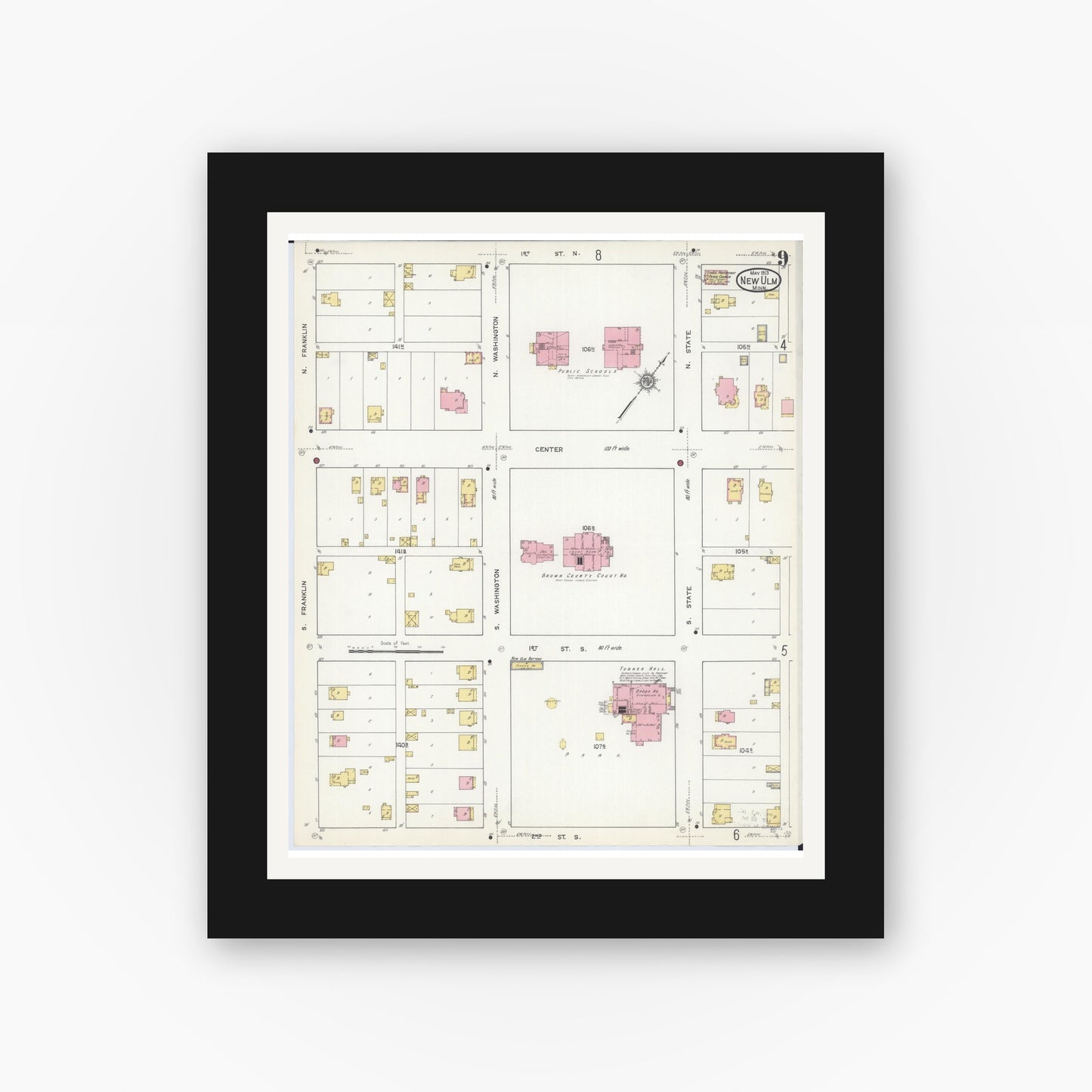 Old map wall art mockup — black gallery frame with white mat — Sanborn Fire Insurance Map from New Ulm, Brown County, Minnesota (1913), Sheet #0009