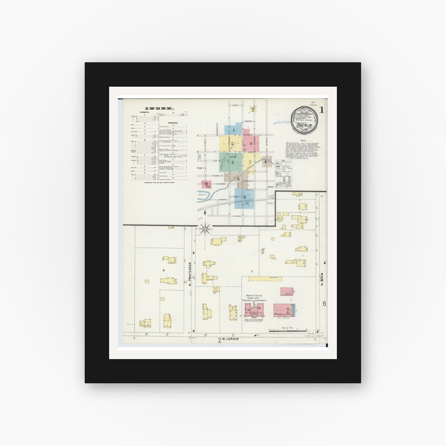 Old map wall art mockup — black gallery frame with white mat — Sanborn Fire Insurance Map from Oberlin, Lorain County, Ohio (1897), Sheet #0001