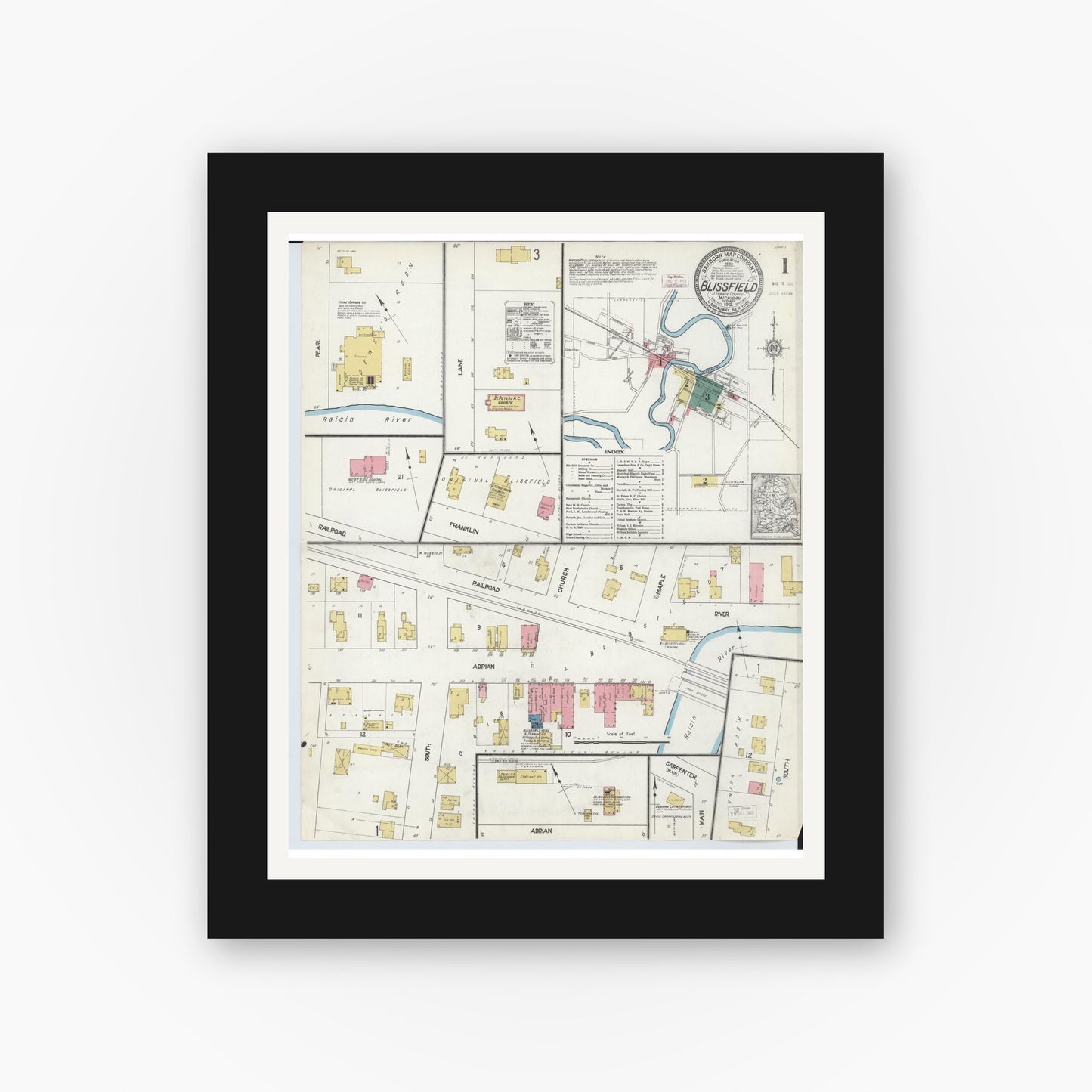 Old map wall art mockup β black gallery frame with white mat β Sanborn Fire Insurance Map from Blissfield, Lenawee County, Michigan (1912) - Complete Map Set