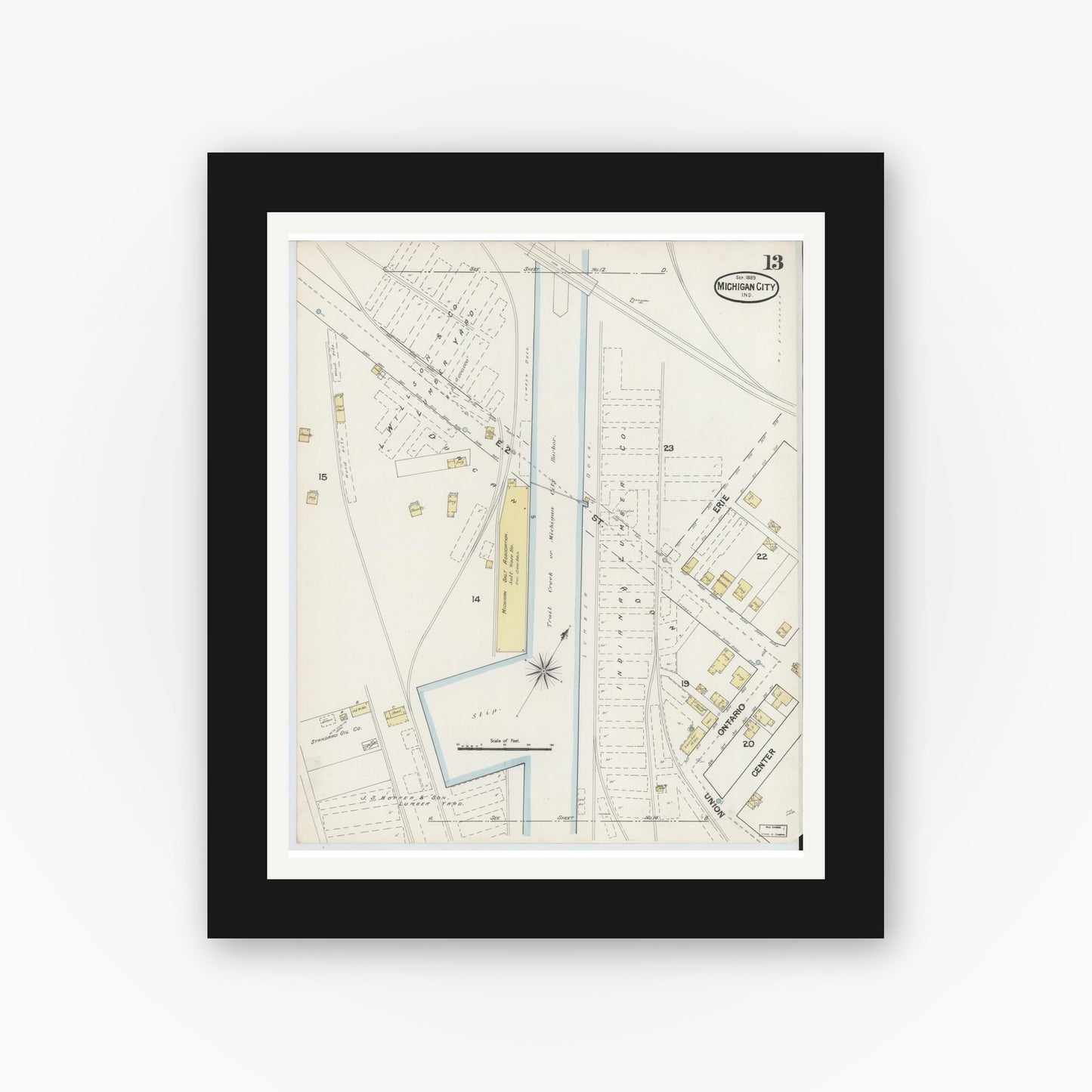 Old map wall art mockup — black gallery frame with white mat — Sanborn Fire Insurance Map from Michigan City, La Porte County, Indiana (1889), Sheet #0013