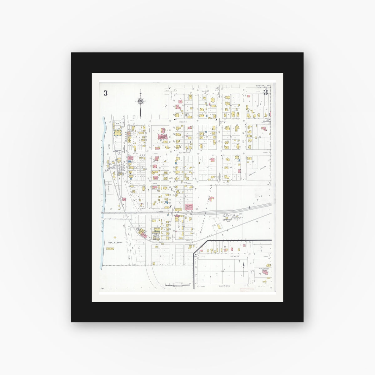 Old map wall art mockup — black gallery frame with white mat — Sanborn Fire Insurance Map from Glasgow, Howard County, Missouri (1935), Sheet #0003