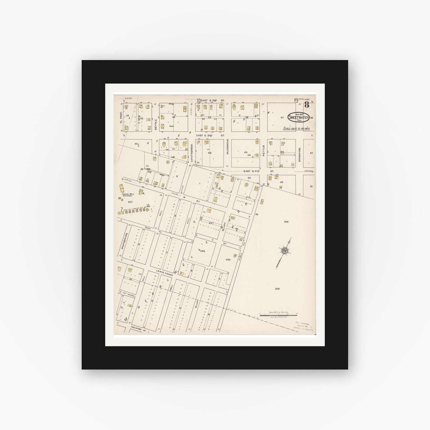 Old map wall art mockup — black gallery frame with white mat — Sanborn Fire Insurance Map from Sweetwater, Nolan County, Texas (1922), Sheet #0008