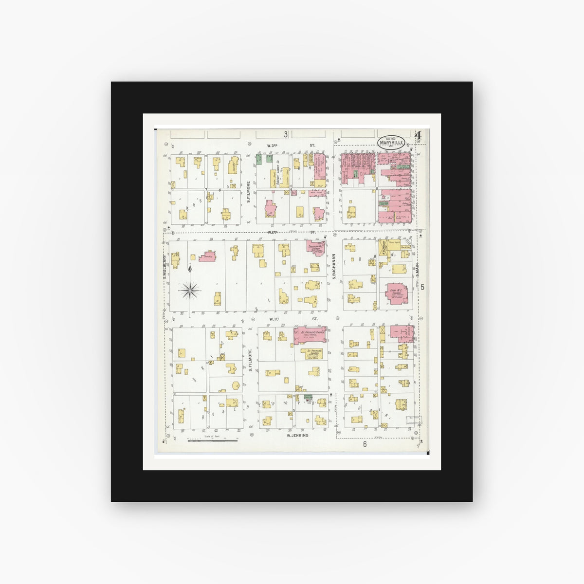 Old map wall art mockup — black gallery frame with white mat — Sanborn Fire Insurance Map from Maryville, Nodaway County, Missouri (1900), Sheet #0004