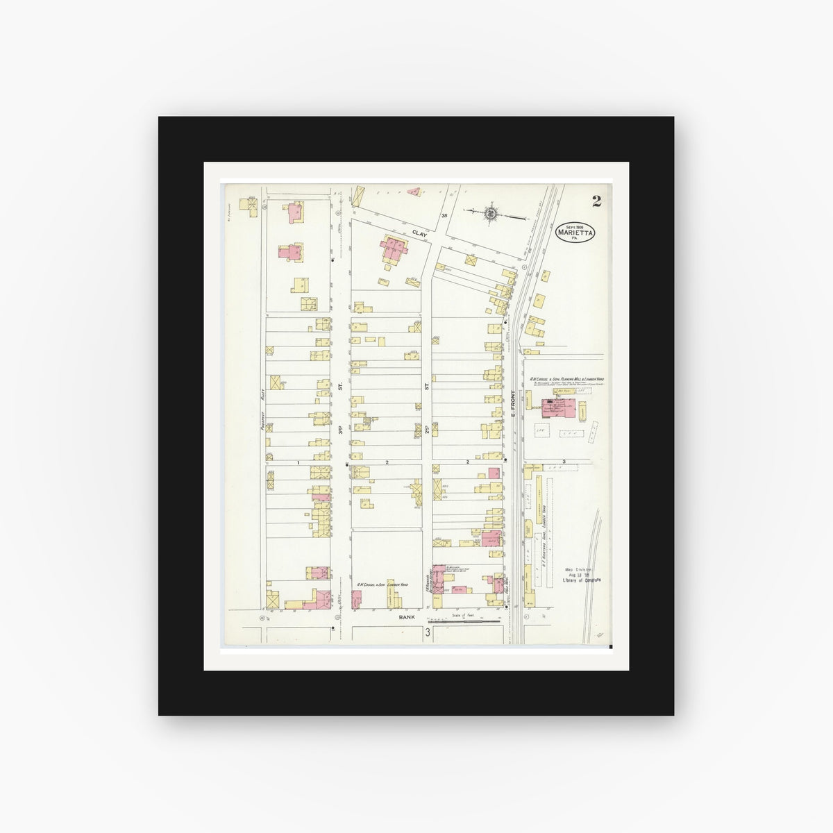 Old map wall art mockup β black gallery frame with white mat β Sanborn Fire Insurance Map from Marietta, Lancaster County, Pennsylvania (1909), Sheet #0002