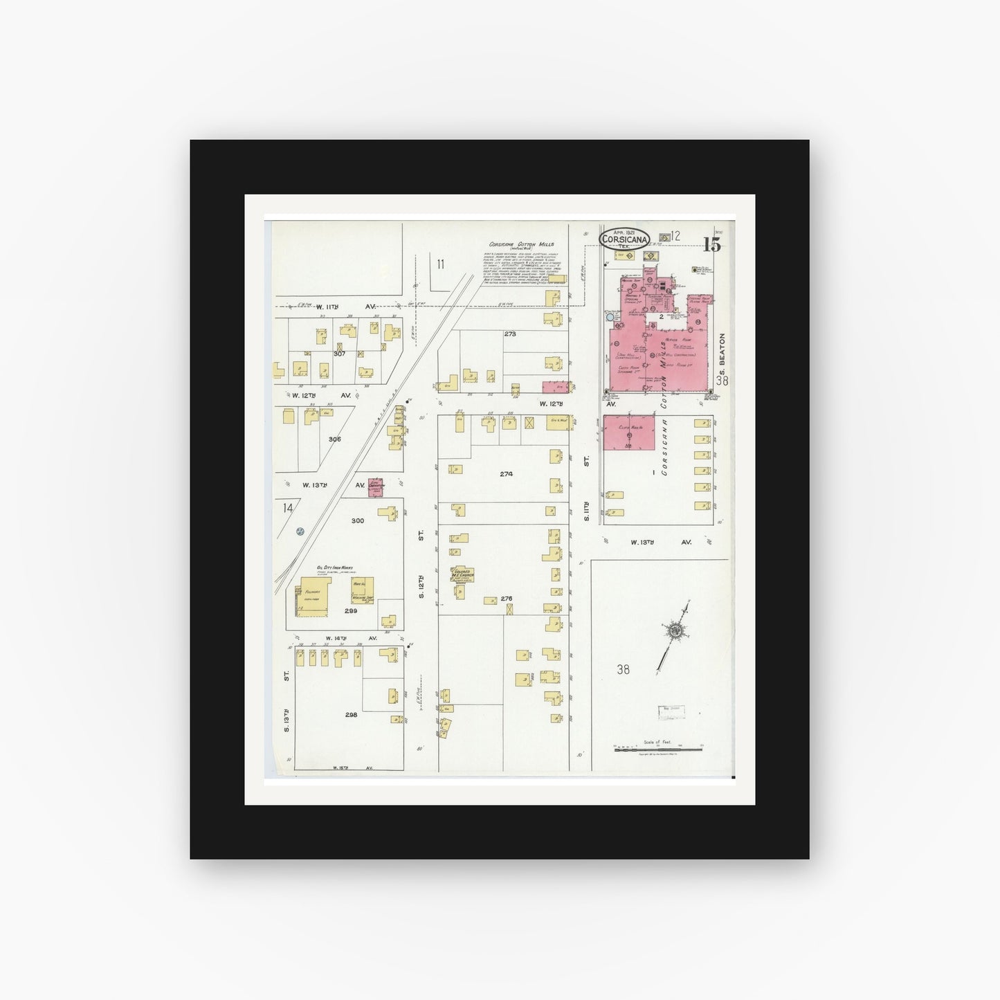 Old map wall art mockup — black gallery frame with white mat — Sanborn Fire Insurance Map from Corsicana, Navarro County, Texas (1921), Sheet #0015