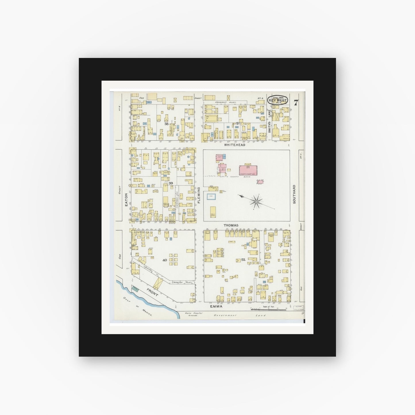 Old map wall art mockup — black gallery frame with white mat — Sanborn Fire Insurance Map from Key West, Monroe County, Florida (1892), Sheet #0007