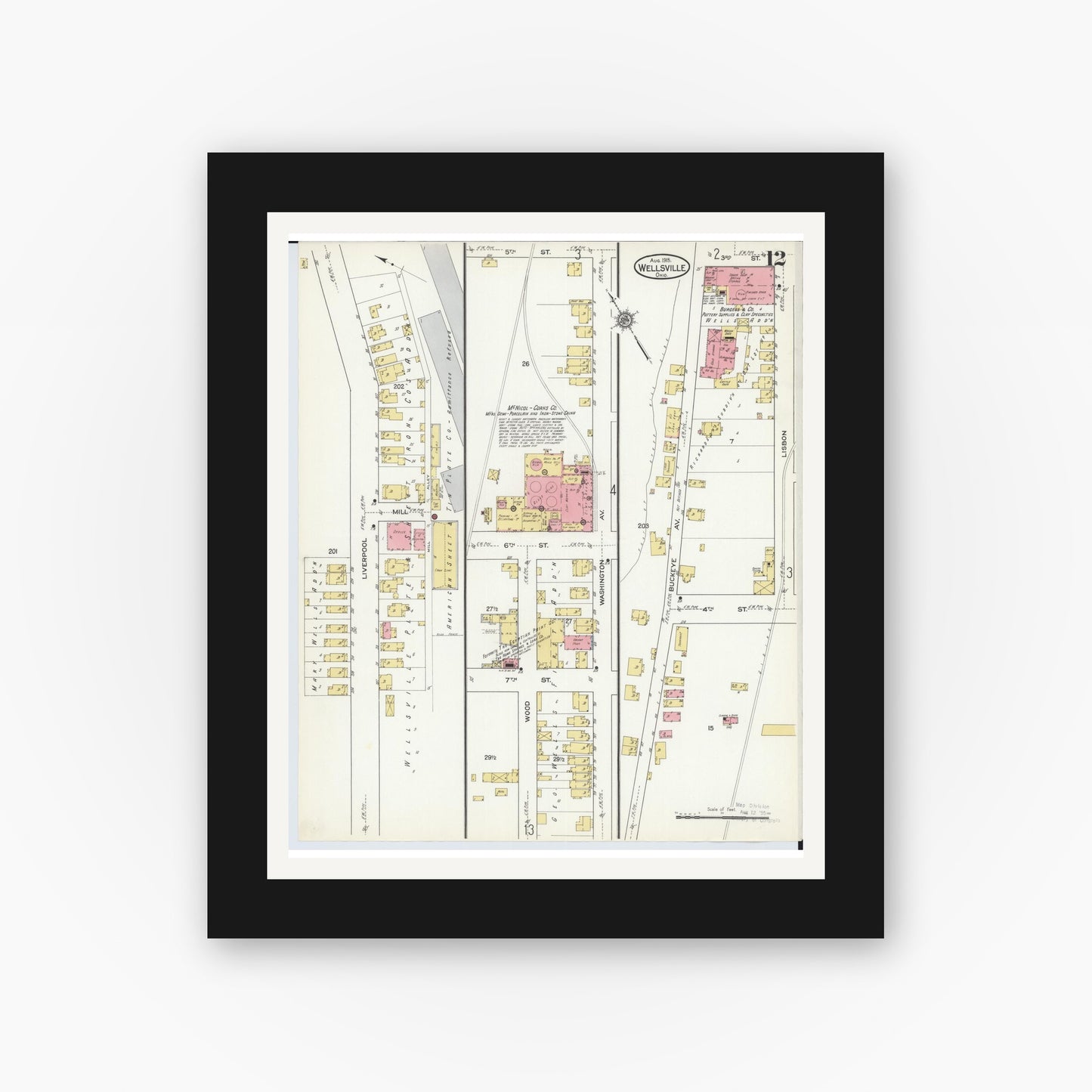 Old map wall art mockup — black gallery frame with white mat — Sanborn Fire Insurance Map from Wellsville, Columbiana County, Ohio (1915), Sheet #0012