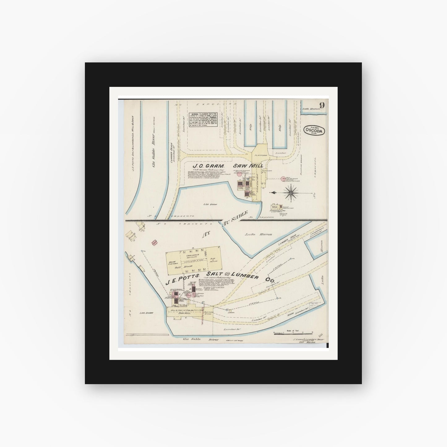 Old map wall art mockup — black gallery frame with white mat — Sanborn Fire Insurance Map from Oscoda, Iosco County, Michigan (1884), Sheet #0009