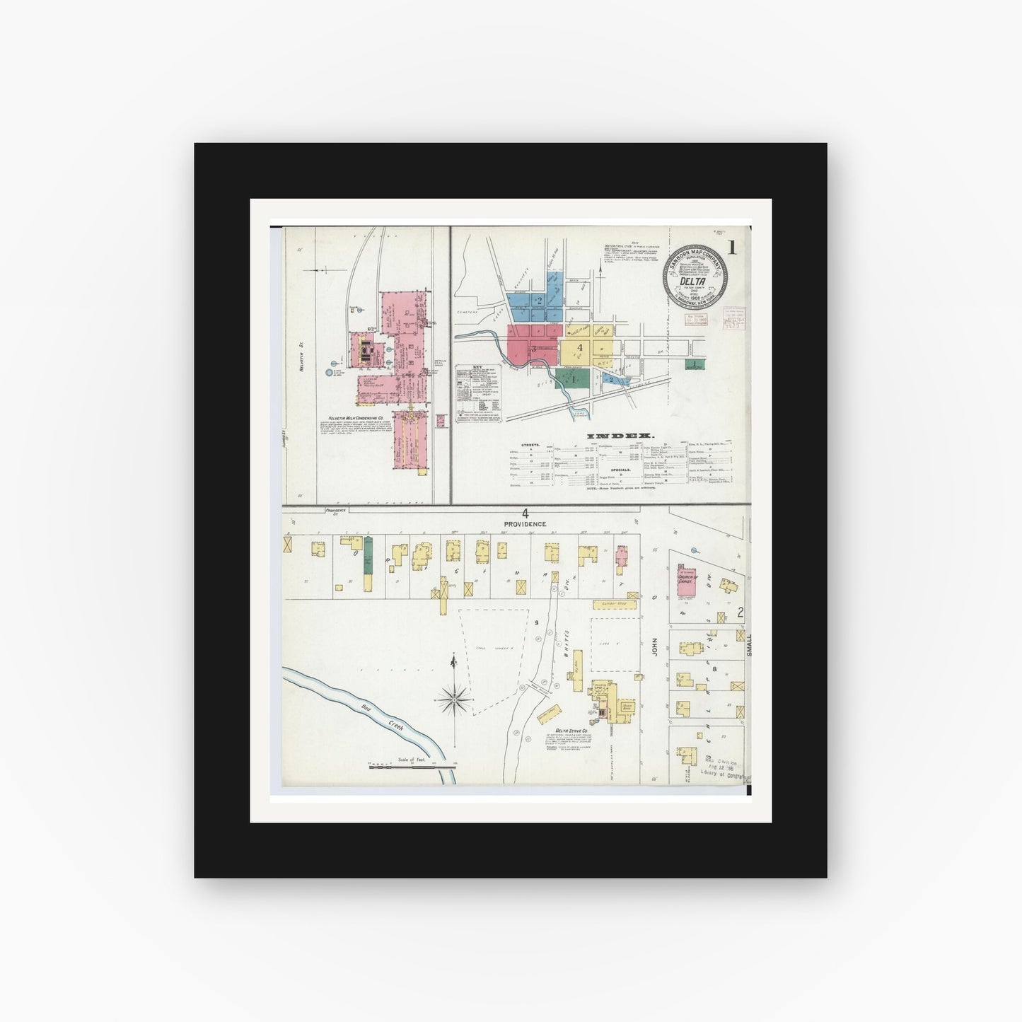 Old map wall art mockup — black gallery frame with white mat — Sanborn Fire Insurance Map from Delta, Fulton County, Ohio (1905), Sheet #0001