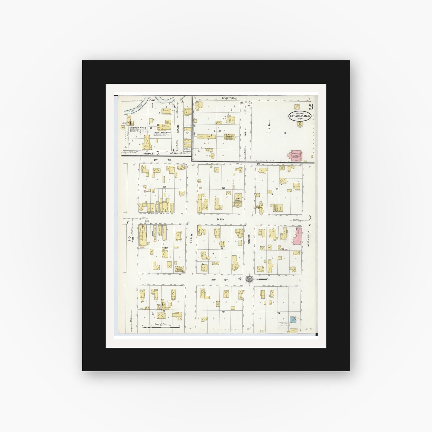Old map wall art mockup — black gallery frame with white mat — Sanborn Fire Insurance Map from Cedar Springs, Kent County, Michigan (1910), Sheet #0003