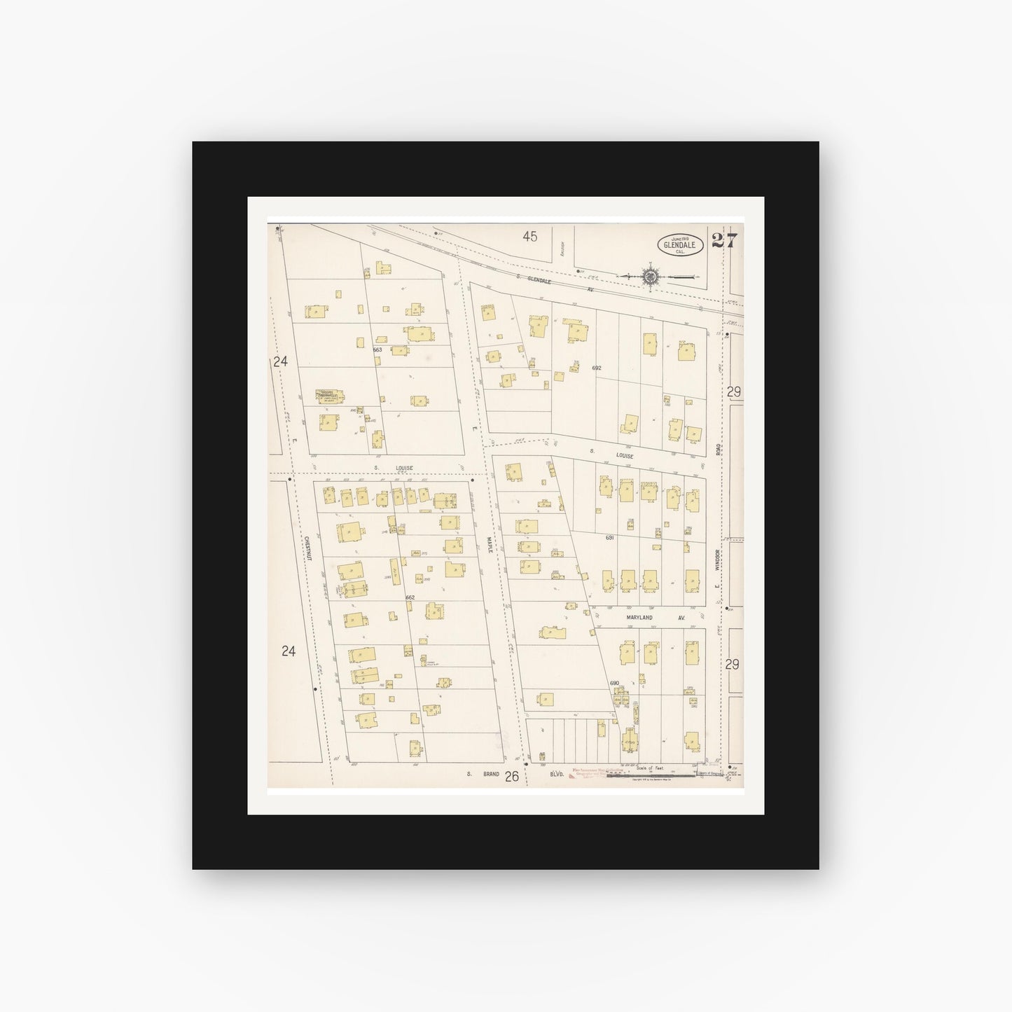 Old map wall art mockup — black gallery frame with white mat — Sanborn Fire Insurance Map from Glendale, Los Angeles County, California (1919), Sheet #0027