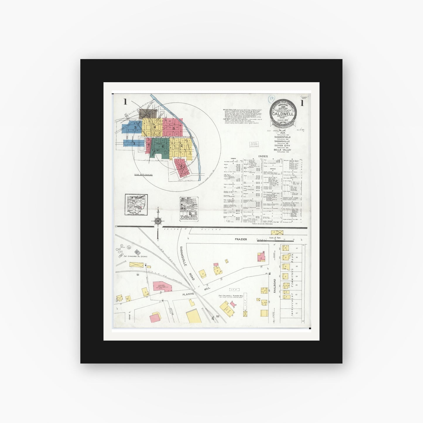 Old map wall art mockup — black gallery frame with white mat — Sanborn Fire Insurance Map from Caldwell, Noble County, Ohio (1923) - Complete Map Set