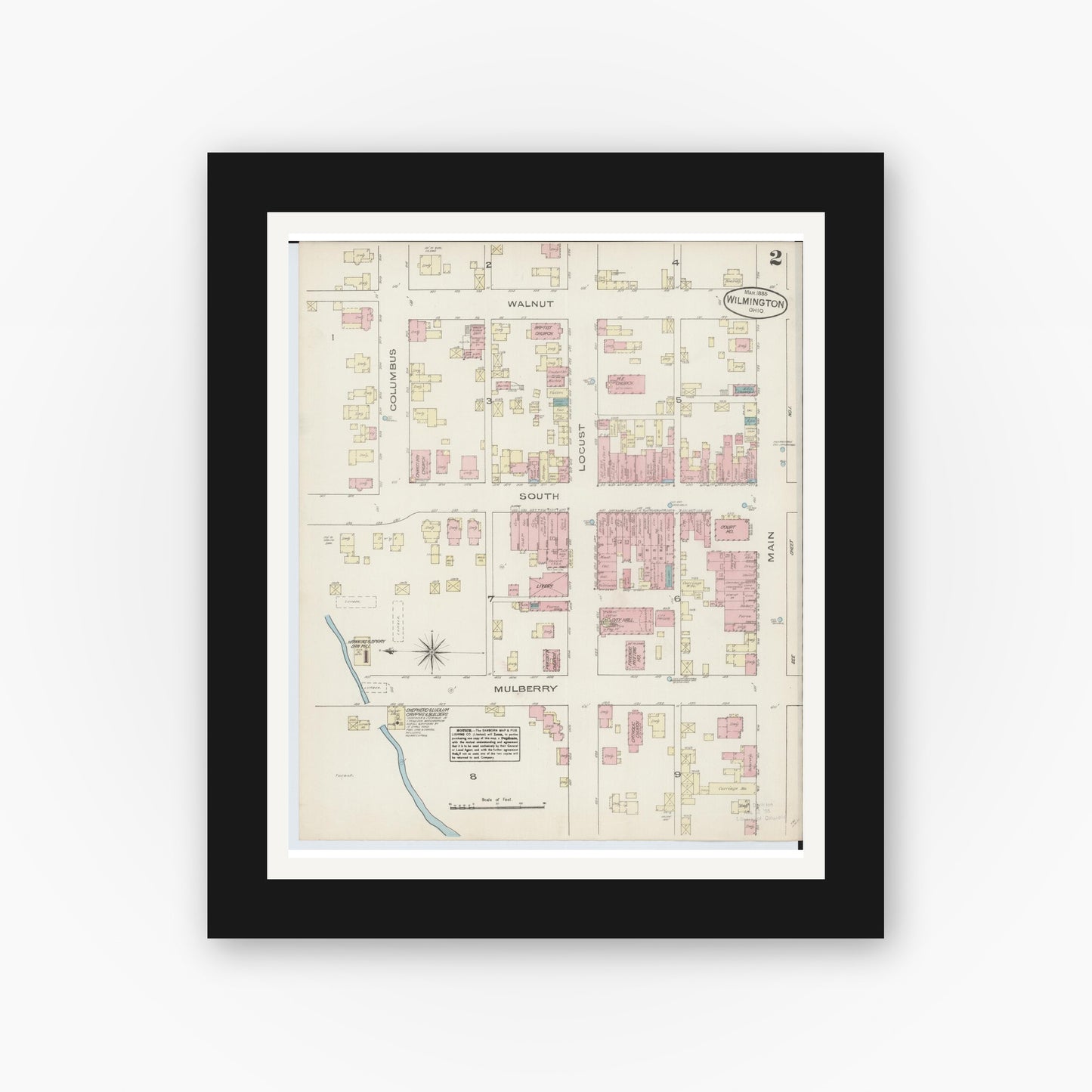 Old map wall art mockup — black gallery frame with white mat — Sanborn Fire Insurance Map from Wilmington, Clinton County, Ohio (1885), Sheet #0002