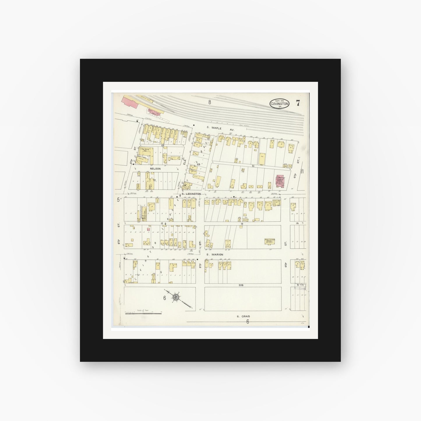Old map wall art mockup — black gallery frame with white mat — Sanborn Fire Insurance Map from Covington, Independent Cities, Virginia (1913), Sheet #0007