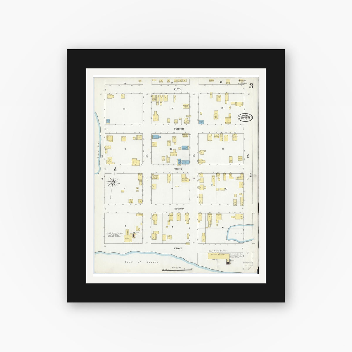 Old map wall art mockup — black gallery frame with white mat — Sanborn Fire Insurance Map from Cedar Key, Levy County, Florida (1909), Sheet #0003
