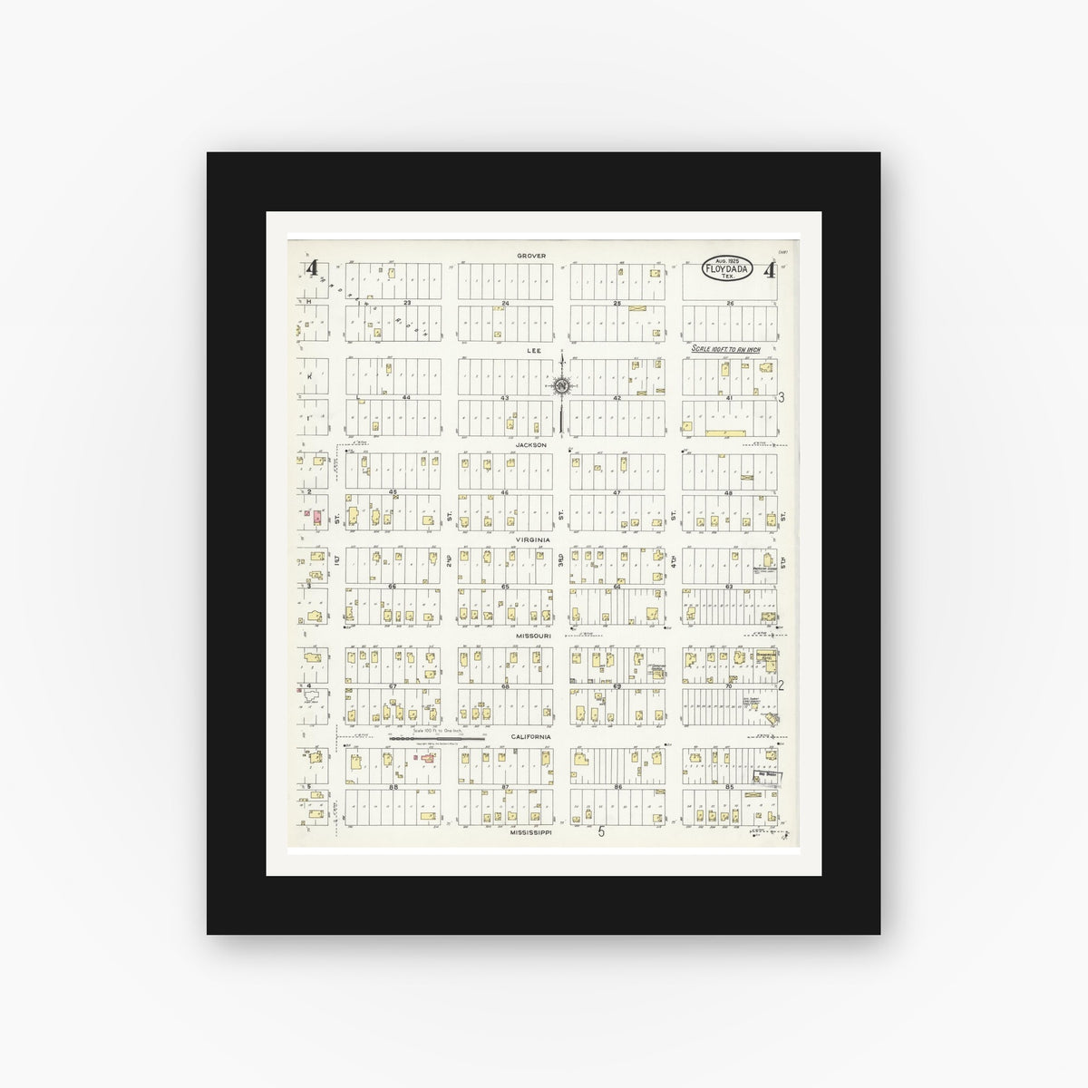 Old map wall art mockup — black gallery frame with white mat — Sanborn Fire Insurance Map from Floydada, Floyd County, Texas (1925), Sheet #0004