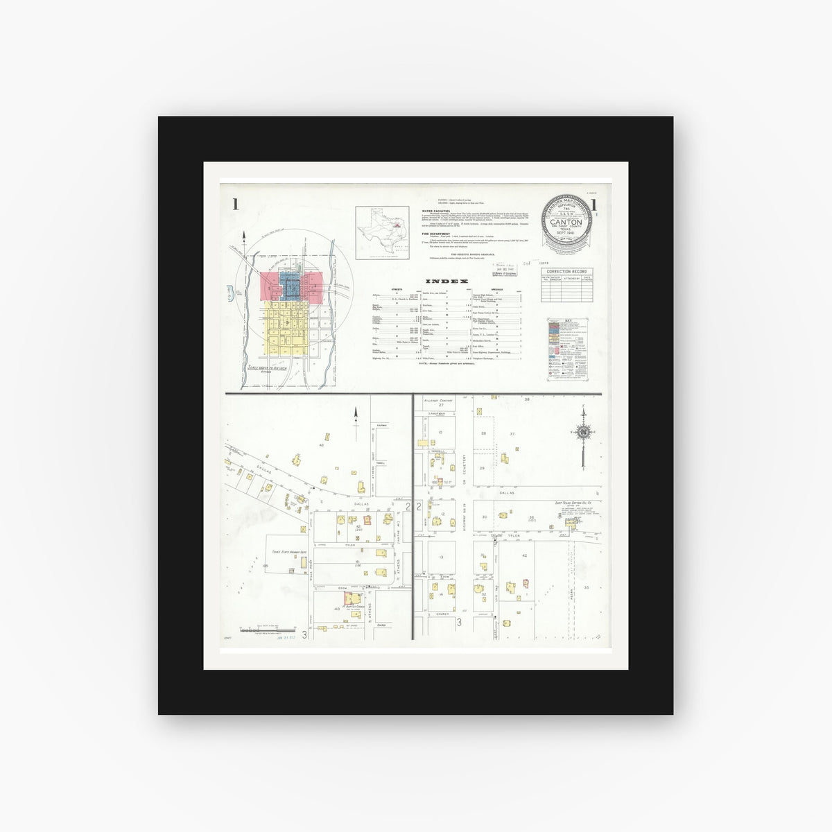 Old map wall art mockup — black gallery frame with white mat — Sanborn Fire Insurance Map from Canton, Van Zandt County, Texas (1941) - Complete Map Set