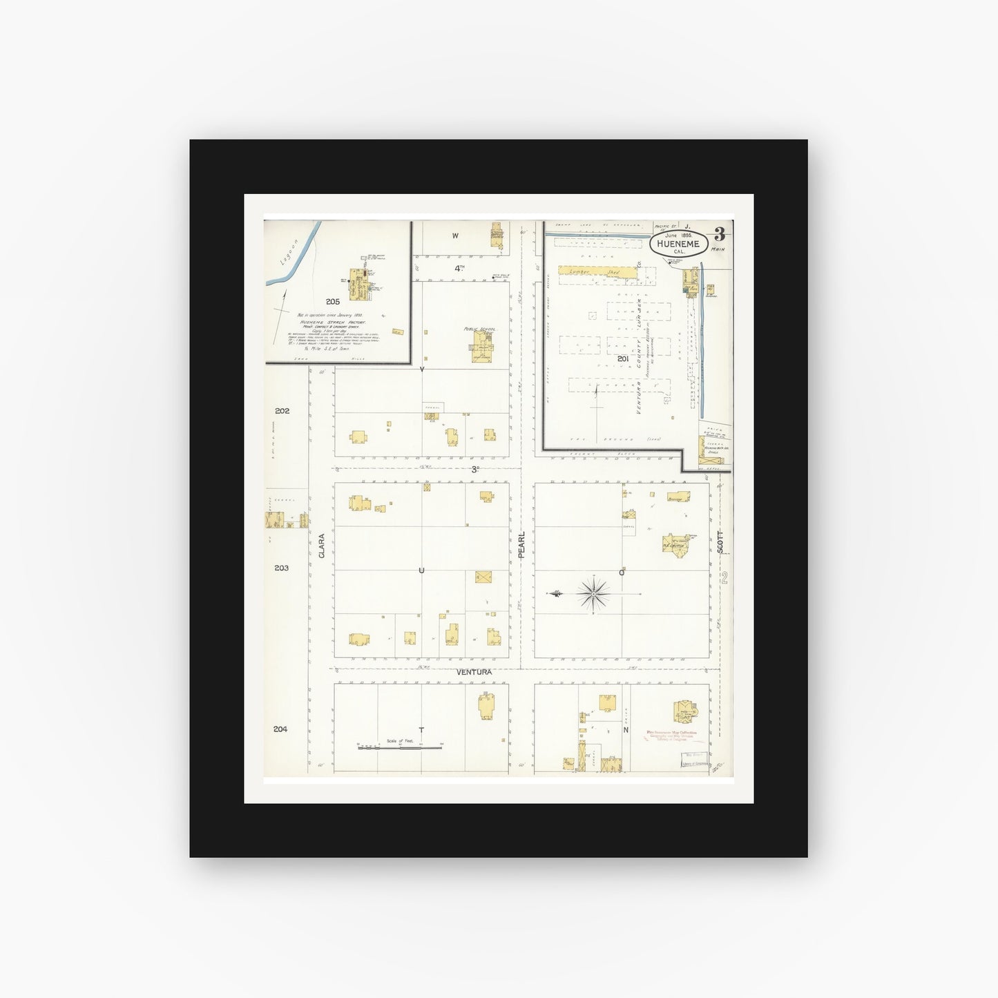 Old map wall art mockup — black gallery frame with white mat — Sanborn Fire Insurance Map from Hueneme, Ventura County, California (1895), Sheet #0003