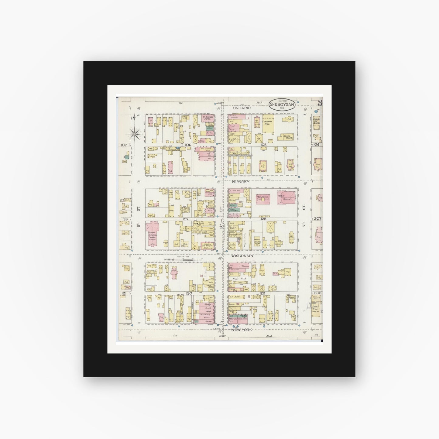 Old map wall art mockup — black gallery frame with white mat — Sanborn Fire Insurance Map from Sheboygan, Sheboygan County, Wisconsin (1887), Sheet #0003