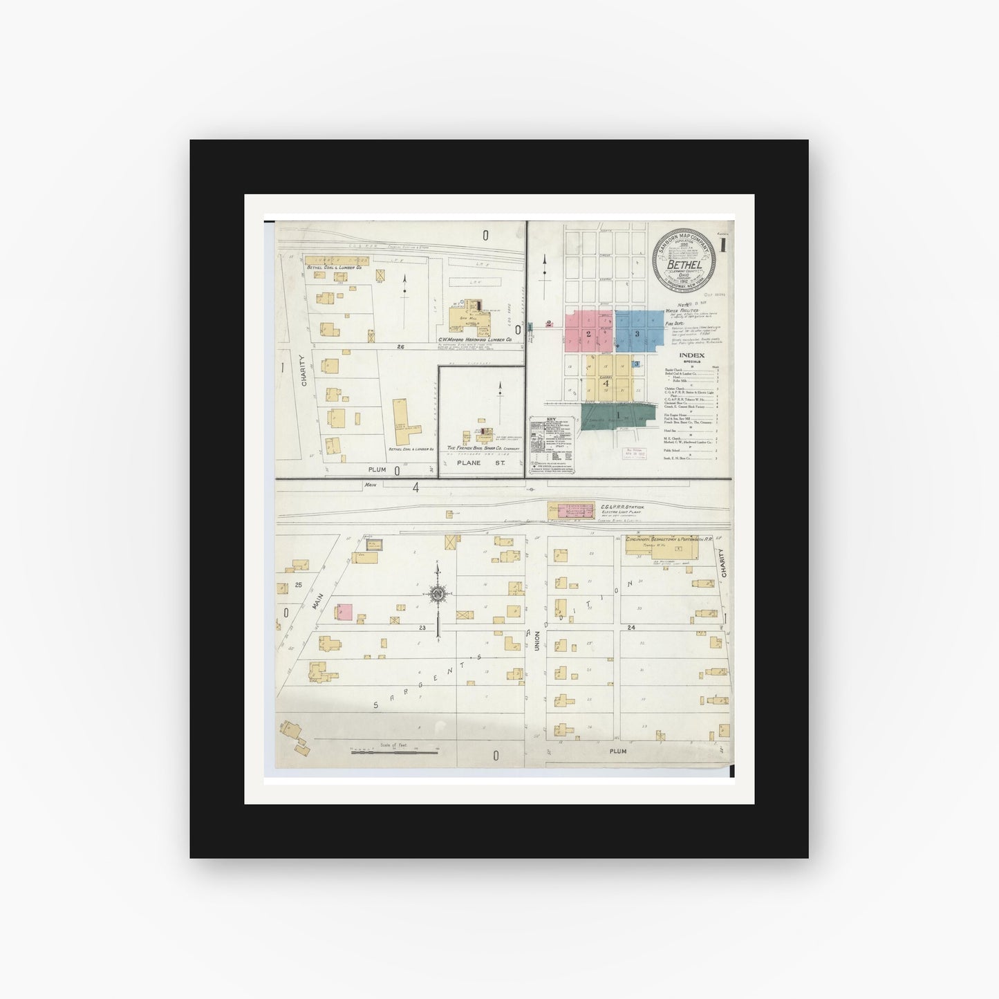 Old map wall art mockup — black gallery frame with white mat — Sanborn Fire Insurance Map from Bethel, Clermont County, Ohio (1912), Sheet #0001