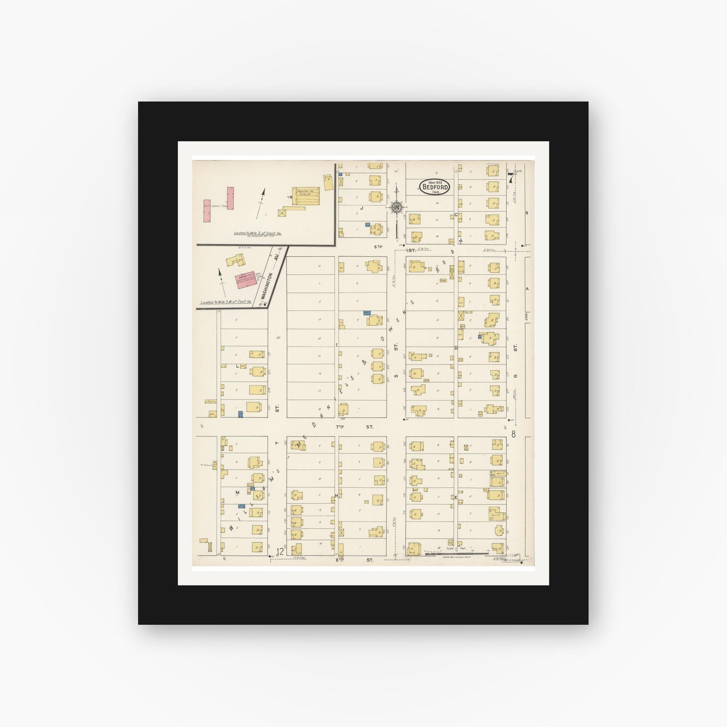 Old map wall art mockup — black gallery frame with white mat — Sanborn Fire Insurance Map from Bedford, Lawrence County, Indiana (1922), Sheet #0007