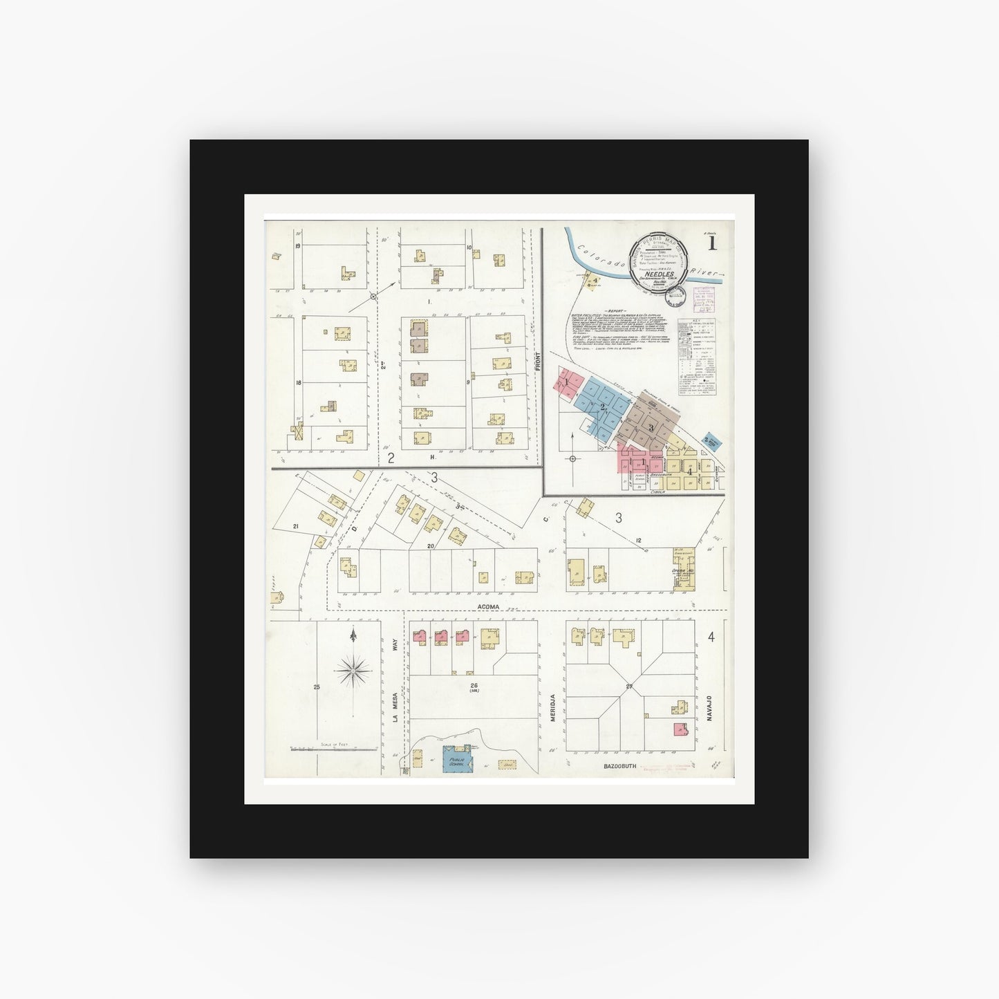 Old map wall art mockup — black gallery frame with white mat — Sanborn Fire Insurance Map from Needles, San Bernardino County, California (1901) - Complete Map Set