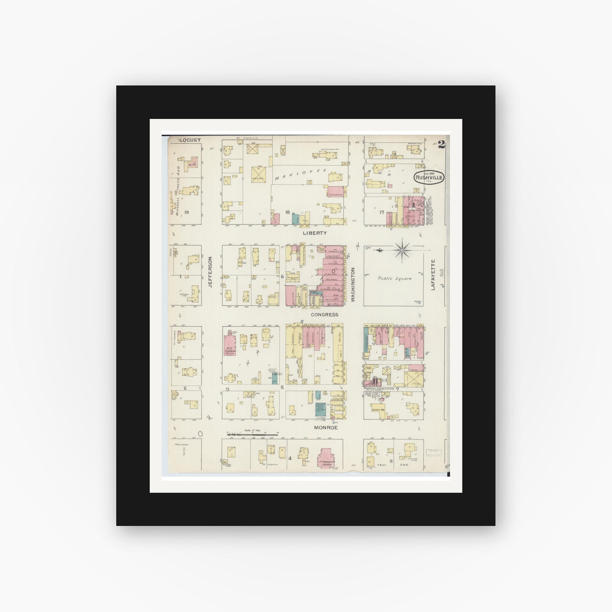 Old map wall art mockup — black gallery frame with white mat — Sanborn Fire Insurance Map from Rushville, Schuyler County, Illinois (1893), Sheet #0002