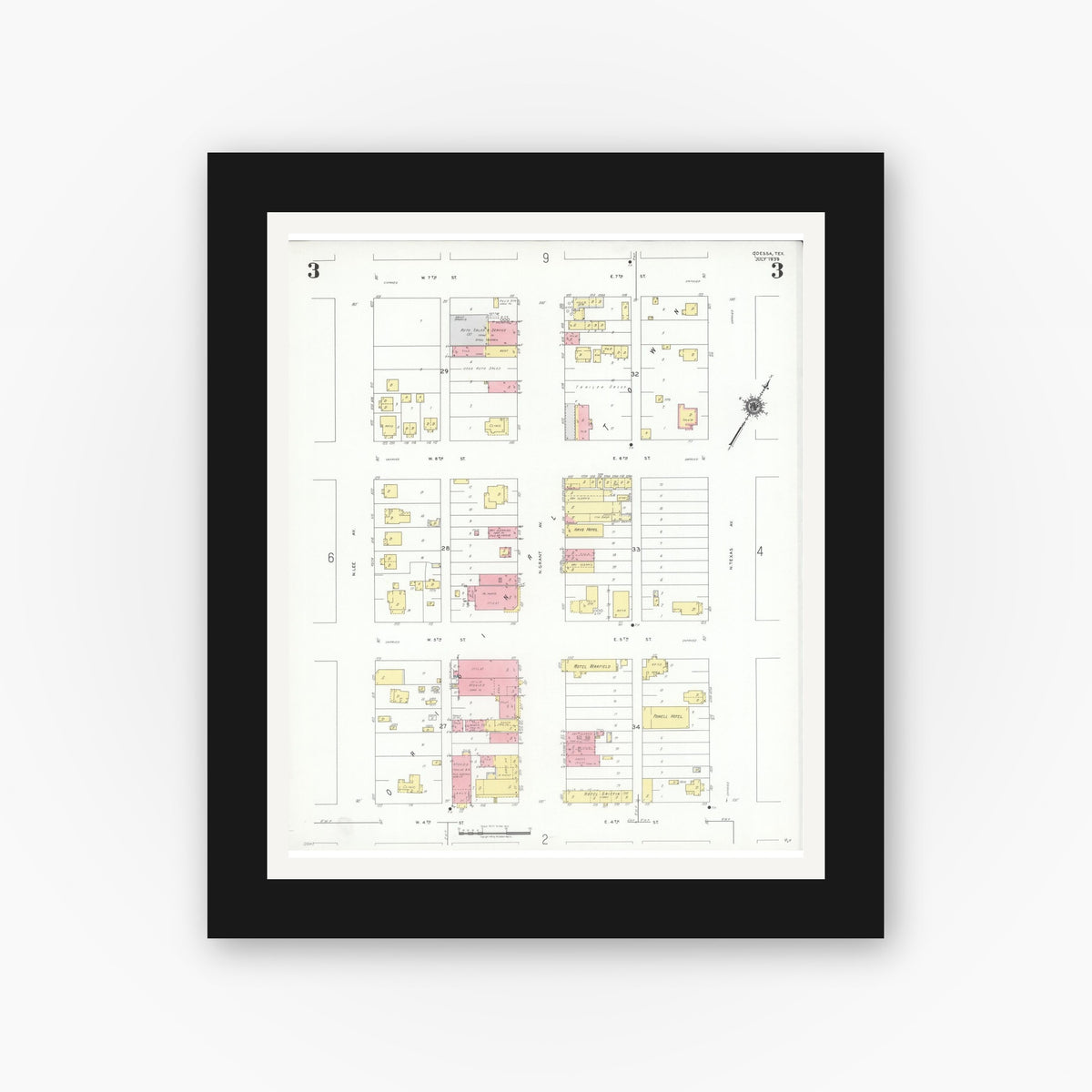 Old map wall art mockup — black gallery frame with white mat — Sanborn Fire Insurance Map from Odessa, Edger County, Texas (1939), Sheet #0003