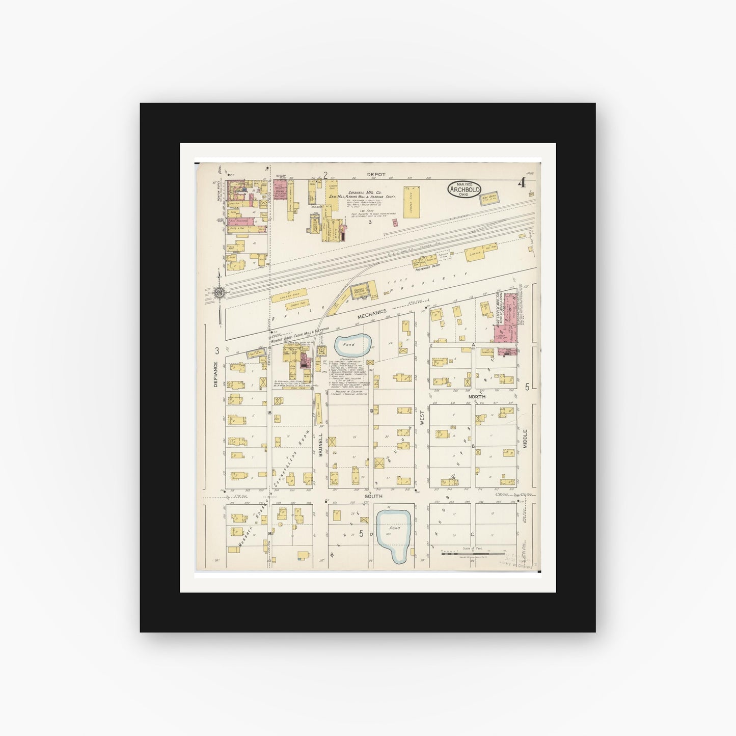 Old map wall art mockup — black gallery frame with white mat — Sanborn Fire Insurance Map from Archbold, Fulton County, Ohio (1922), Sheet #0004