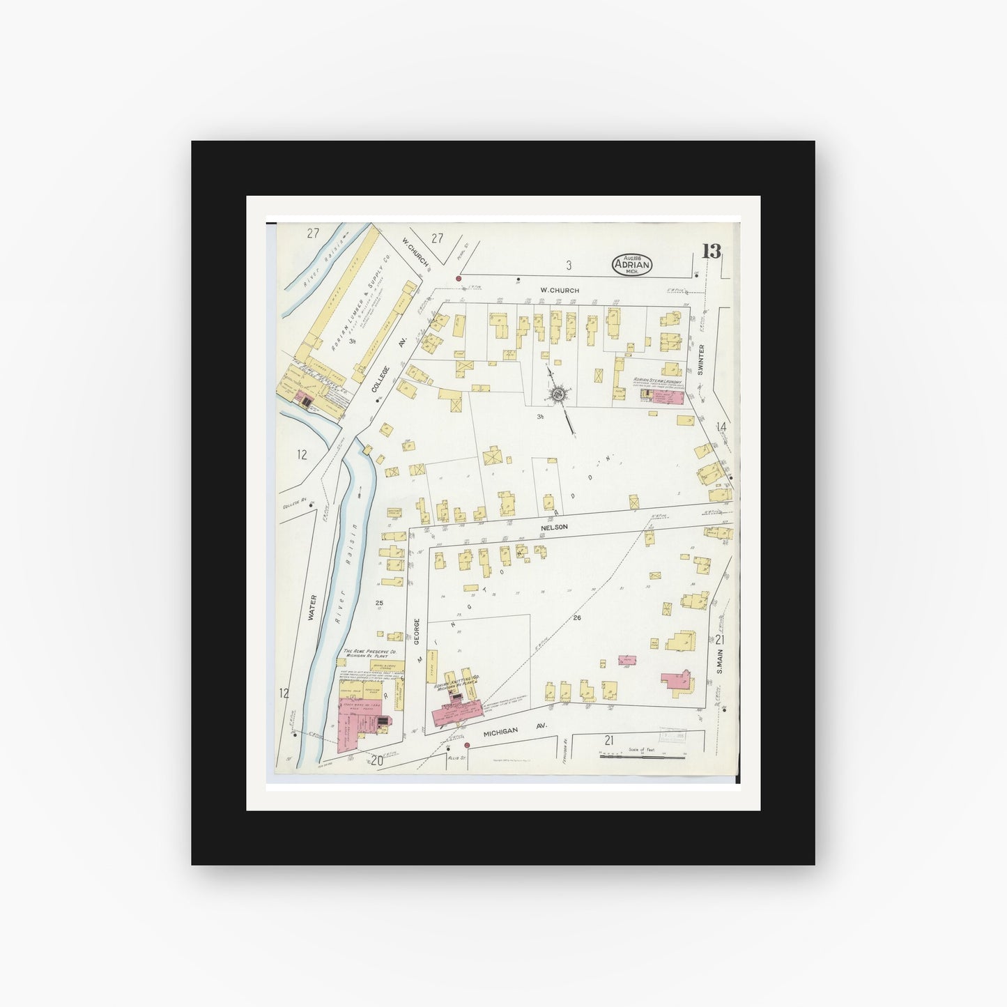 Old map wall art mockup — black gallery frame with white mat — Sanborn Fire Insurance Map from Adrian, Lenawee County, Michigan (1916), Sheet #0013