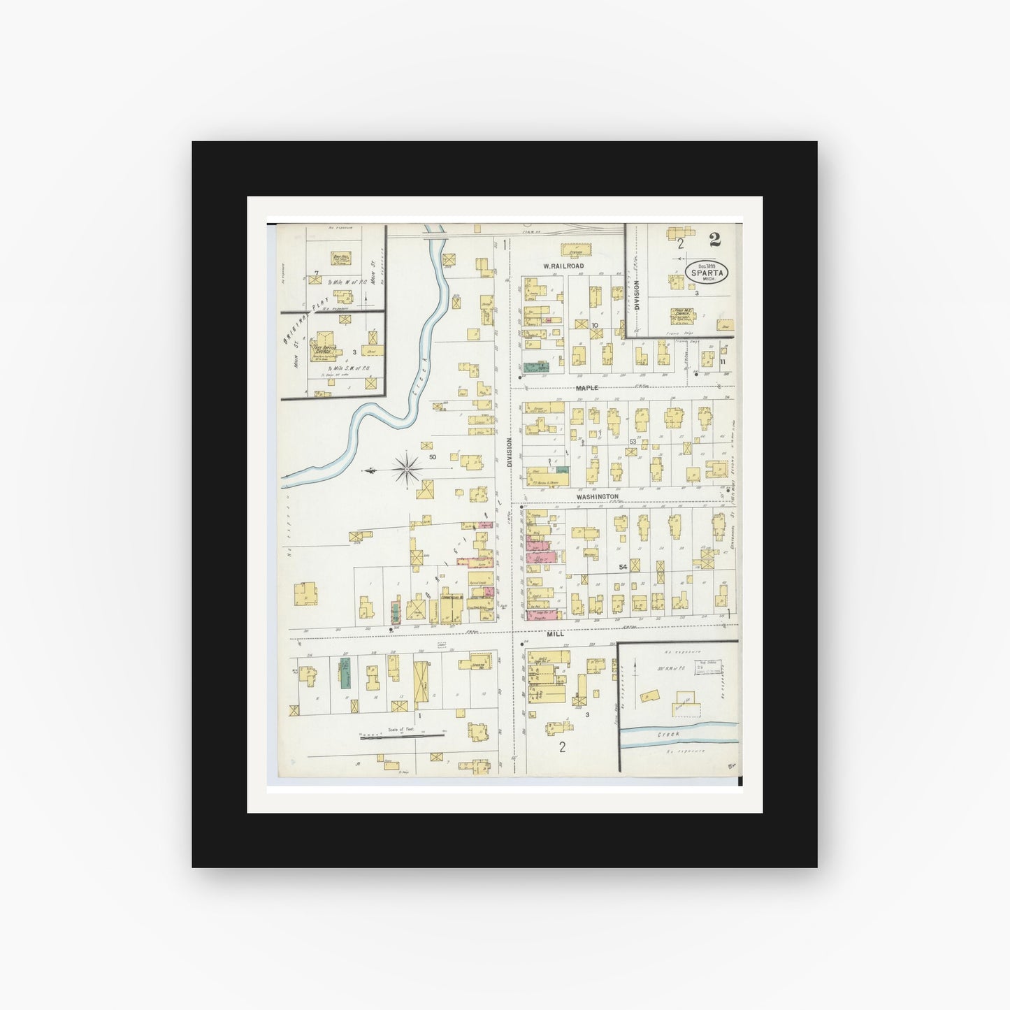 Old map wall art mockup — black gallery frame with white mat — Sanborn Fire Insurance Map from Sparta, Kent County, Michigan (1899), Sheet #0002