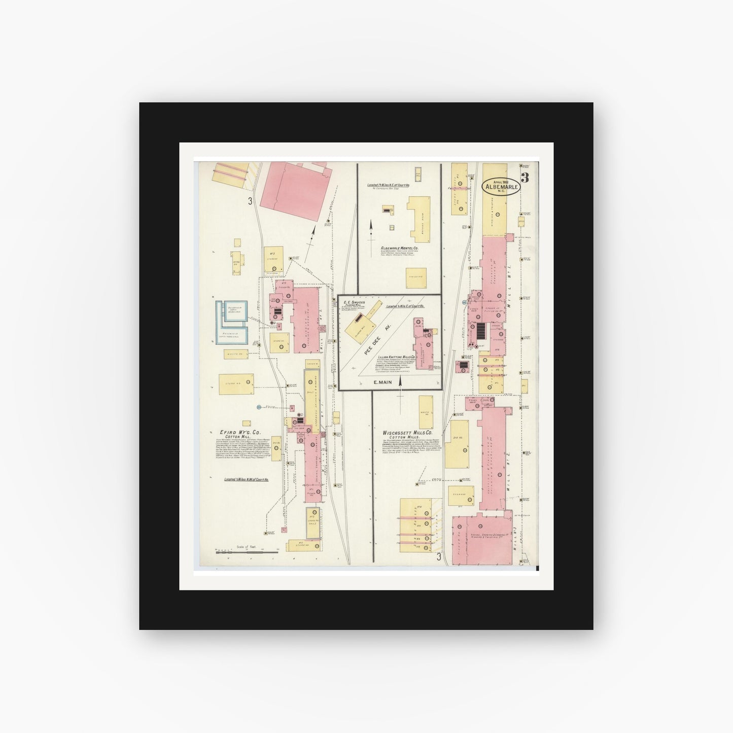 Old map wall art mockup — black gallery frame with white mat — Sanborn Fire Insurance Map from Albemarle, Stanley County, North Carolina (1908), Sheet #0003