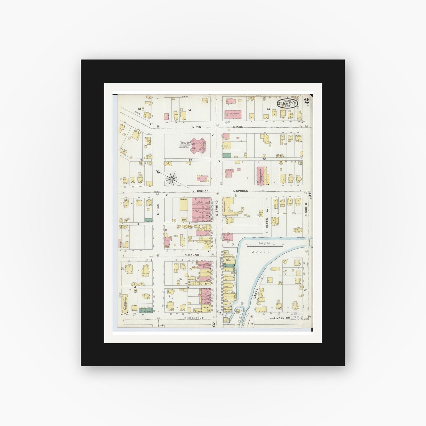 Old map wall art mockup — black gallery frame with white mat — Sanborn Fire Insurance Map from Saint Marys, Auglaize County, Ohio (1896), Sheet #0002