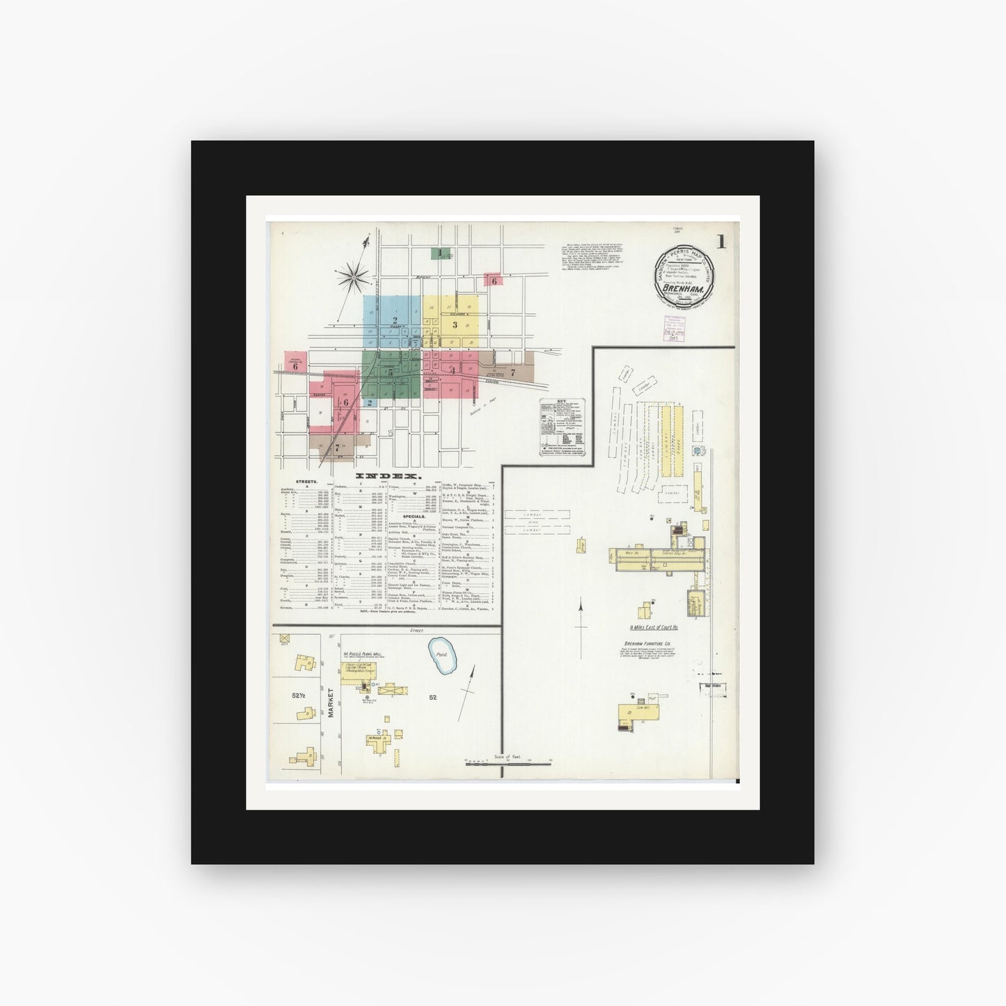 Old map wall art mockup — black gallery frame with white mat — Sanborn Fire Insurance Map from Brenham, Washington County, Texas (1901), Sheet #0001
