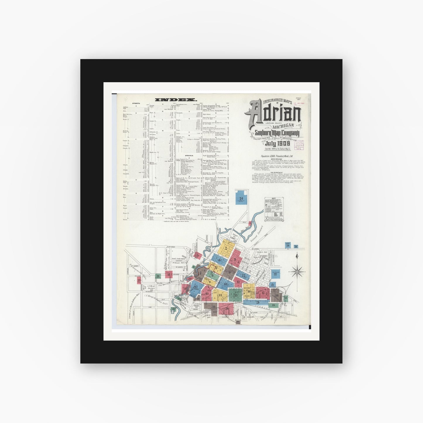Old map wall art mockup — black gallery frame with white mat — Sanborn Fire Insurance Map from Adrian, Lenawee County, Michigan (1908), Sheet #0001