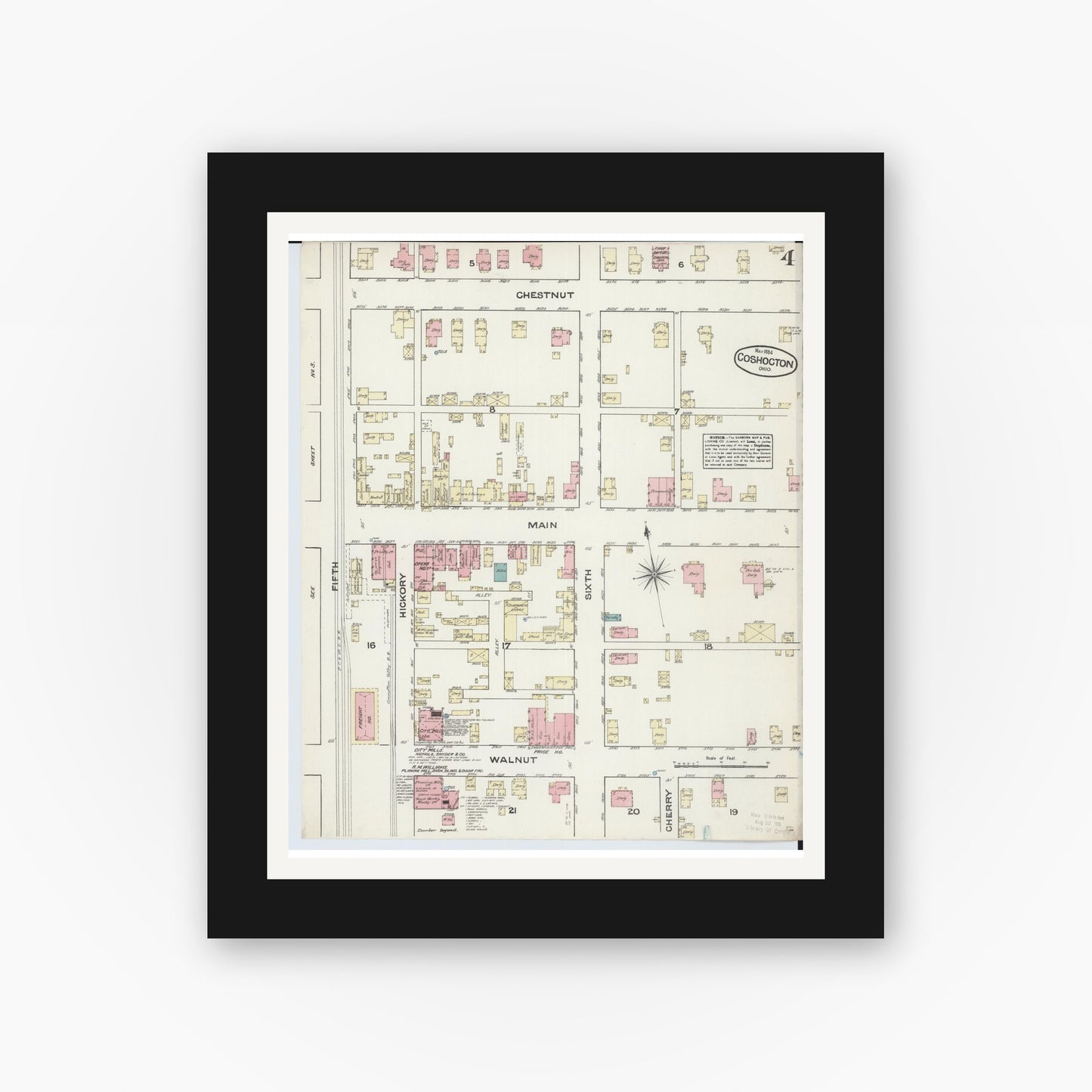 Old map wall art mockup — black gallery frame with white mat — Sanborn Fire Insurance Map from Coshocton, Coshocton County, Ohio (1884), Sheet #0004