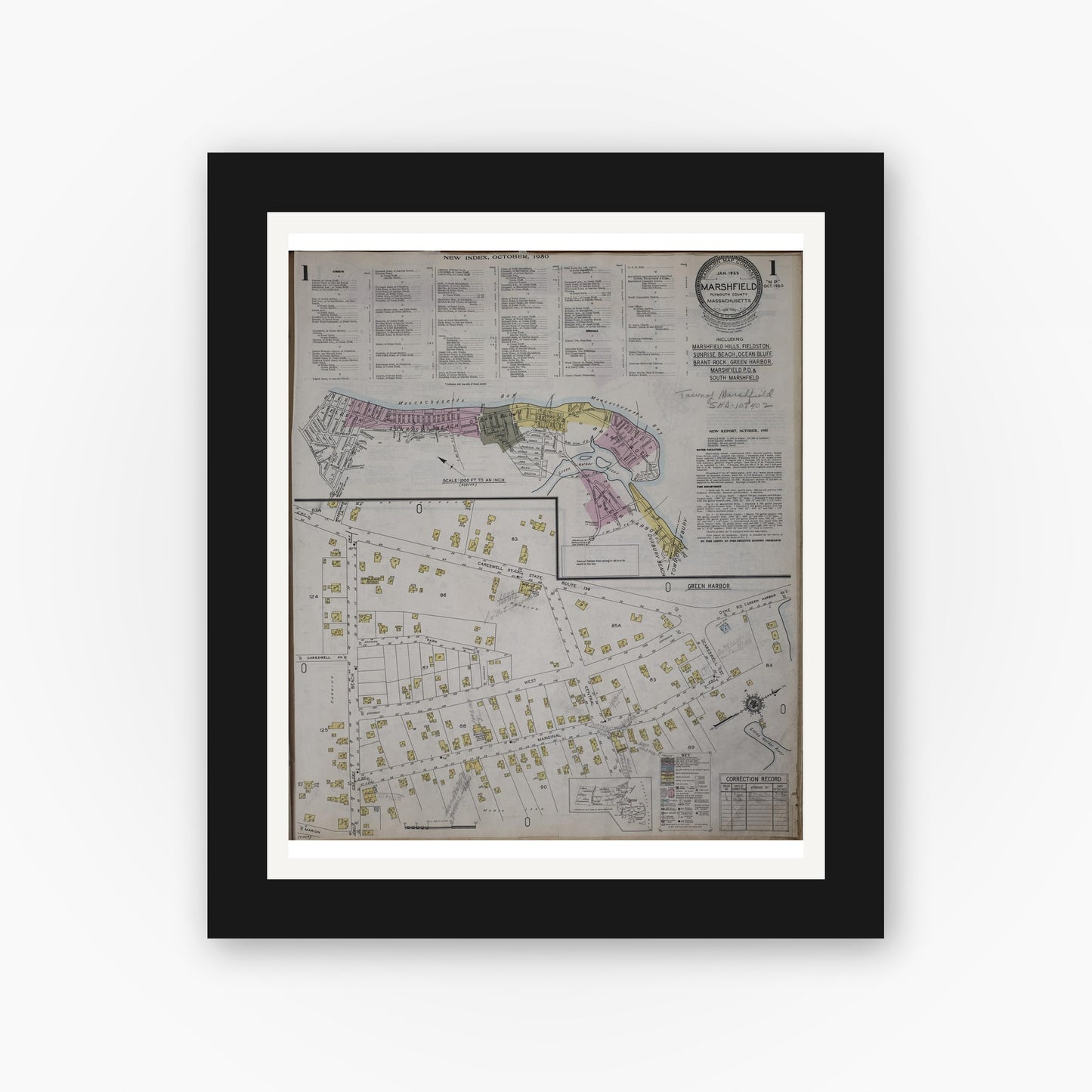 Old map wall art mockup — black gallery frame with white mat — Sanborn Fire Insurance Map from Marshfield, Plymouth County, Massachusetts (1950) - Complete Map Set