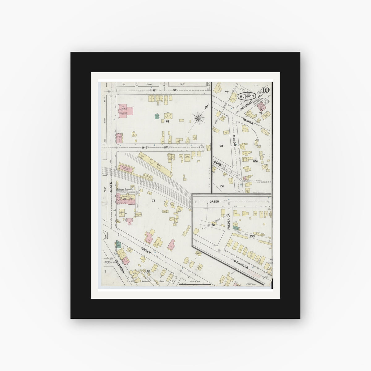 Old map wall art mockup — black gallery frame with white mat — Sanborn Fire Insurance Map from Hudson, Columbia County, New York (1889), Sheet #0010