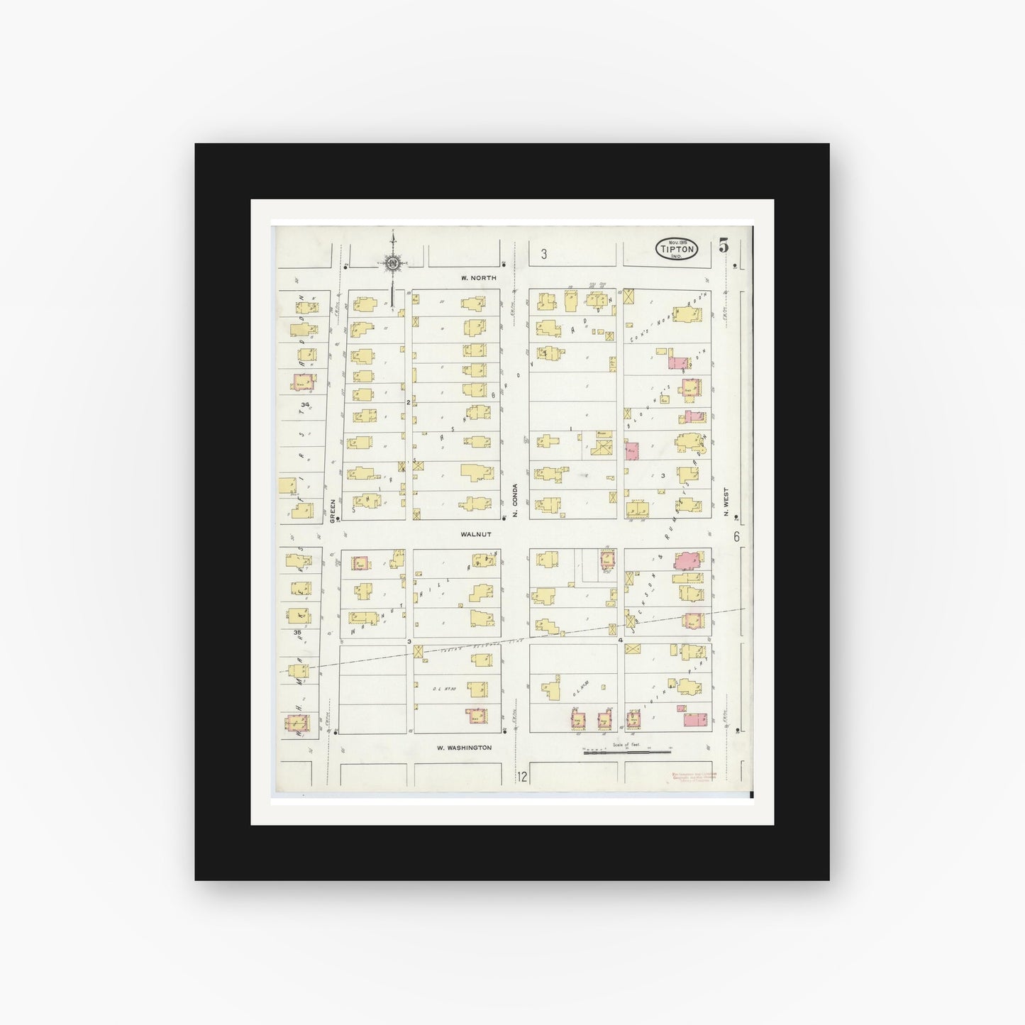 Old map wall art mockup — black gallery frame with white mat — Sanborn Fire Insurance Map from Tipton, Tipton County, Indiana (1915), Sheet #0005
