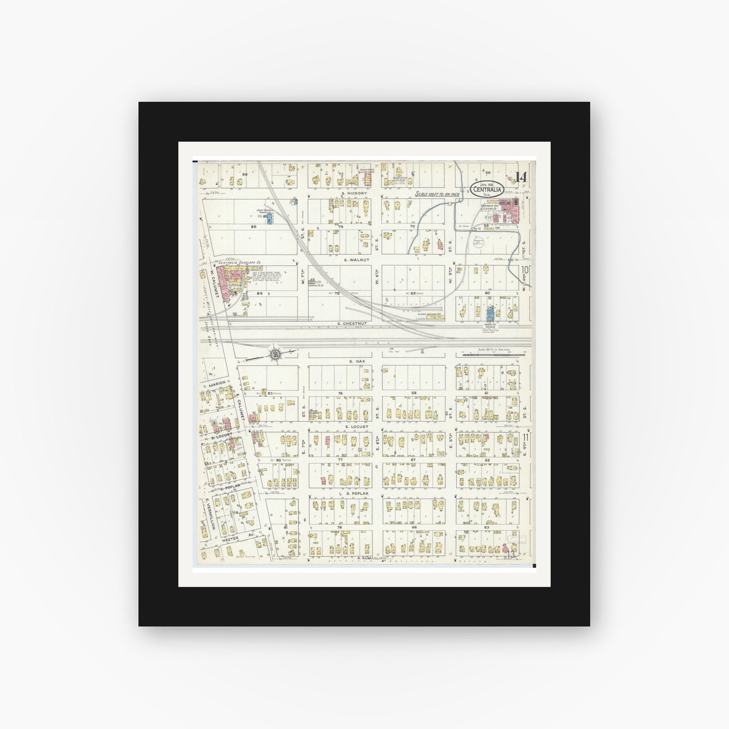 Old map wall art mockup — black gallery frame with white mat — Sanborn Fire Insurance Map from Centralia, Marion, Clinton, Jefferson, and Washington Counties, Illinois (1916), Sheet #0014
