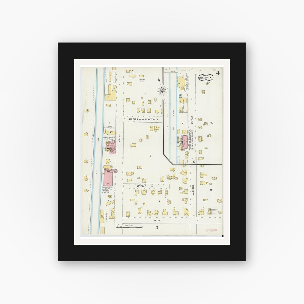 Old map wall art mockup — black gallery frame with white mat — Sanborn Fire Insurance Map from Weedsport, Cayuga County, New York (1896), Sheet #0004