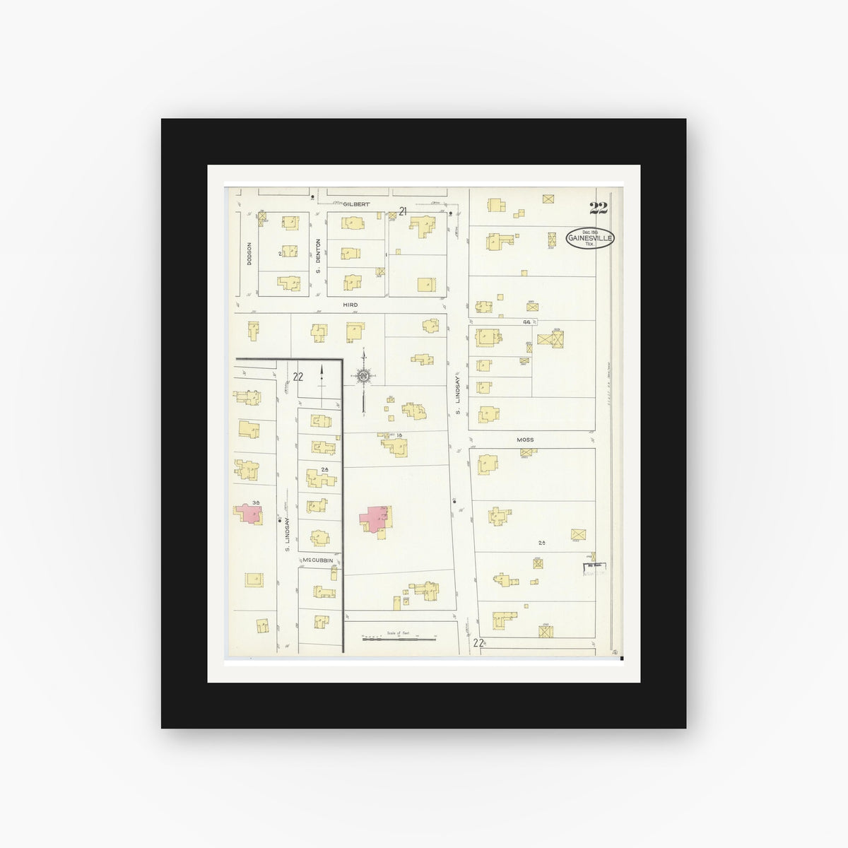 Old map wall art mockup — black gallery frame with white mat — Sanborn Fire Insurance Map from Gainesville, Cooke County, Texas (1913), Sheet #0022