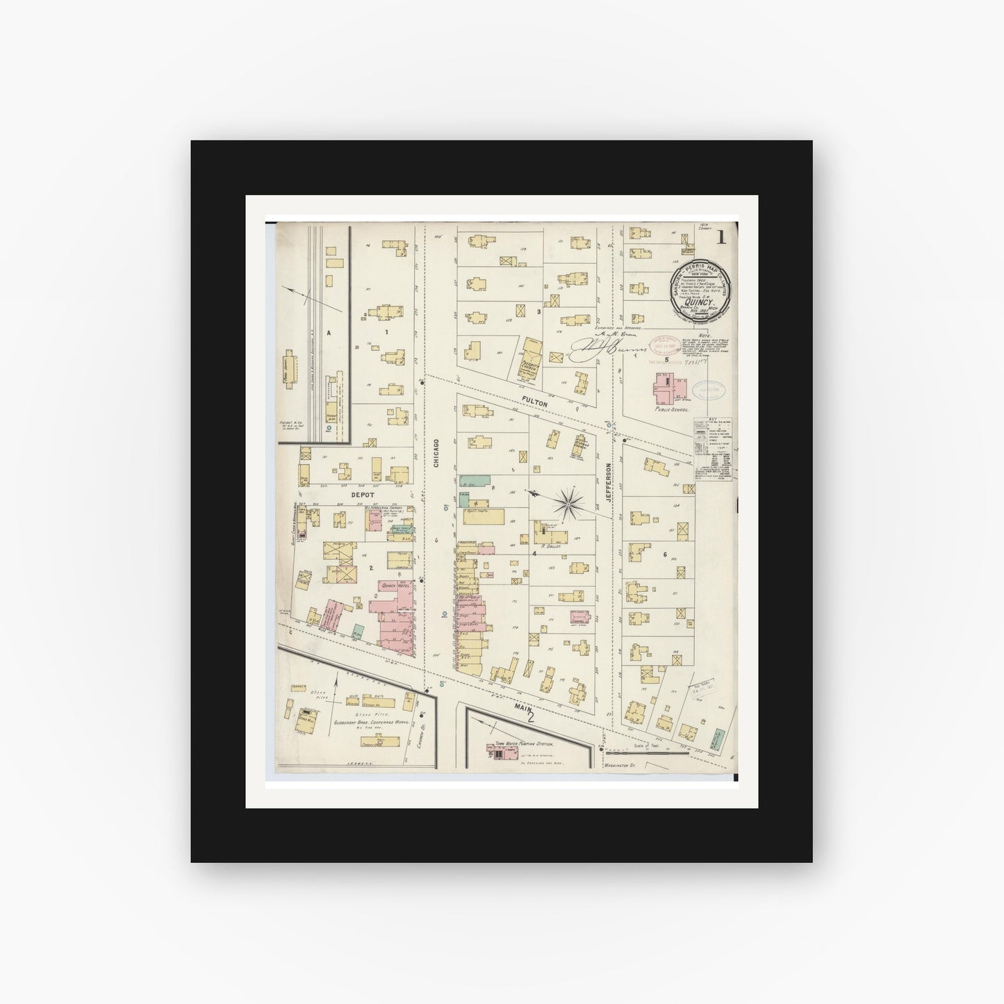 Old map wall art mockup — black gallery frame with white mat — Sanborn Fire Insurance Map from Quincy, Branch County, Michigan (1897) - Complete Map Set