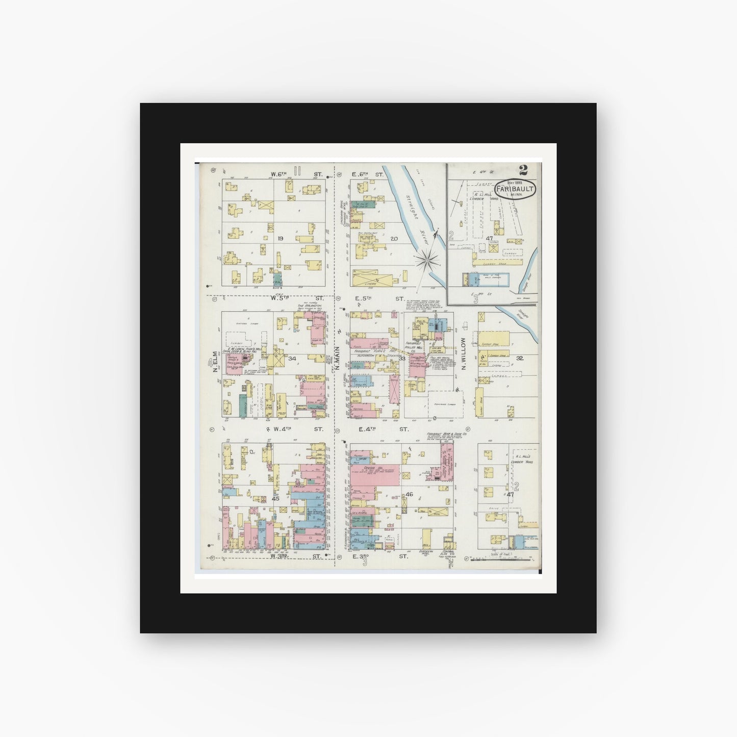 Old map wall art mockup — black gallery frame with white mat — Sanborn Fire Insurance Map from Faribault, Rice County, Minnesota (1893), Sheet #0002