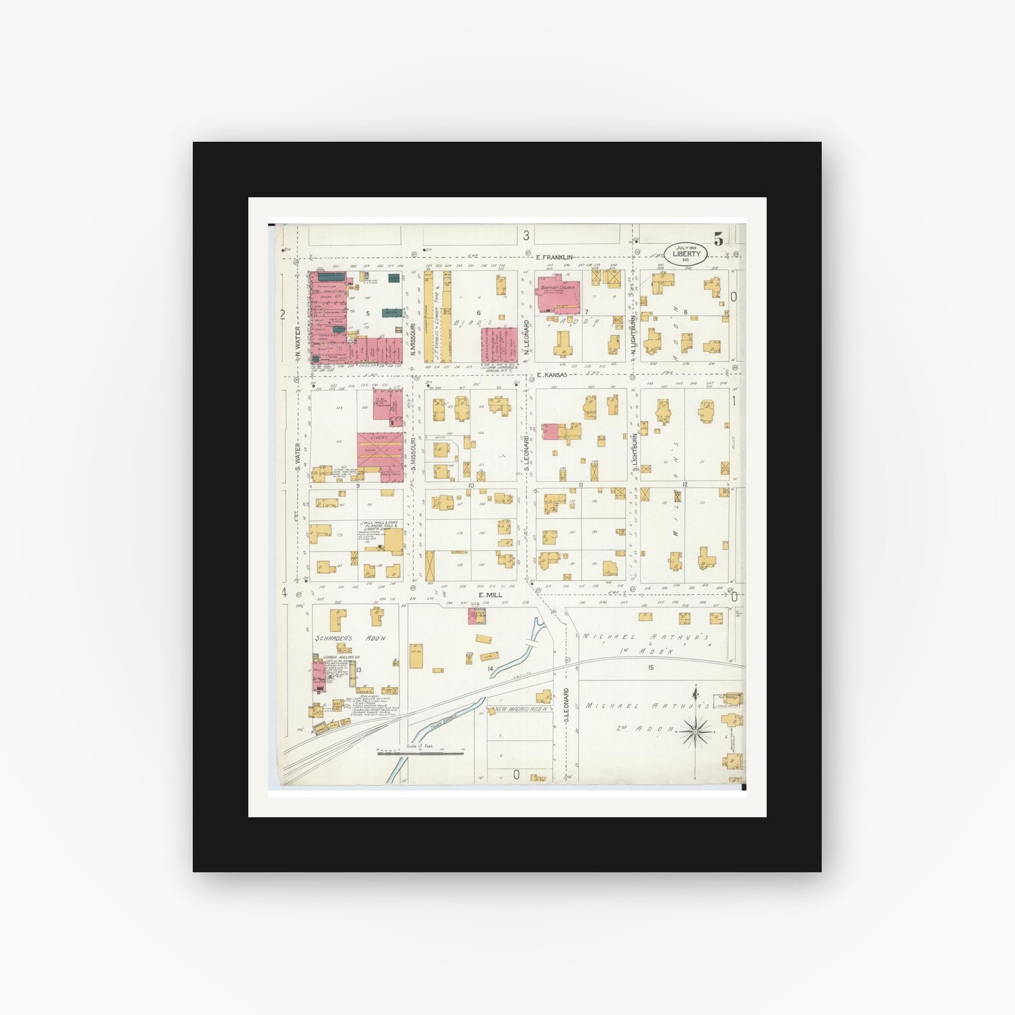 Old map wall art mockup — black gallery frame with white mat — Sanborn Fire Insurance Map from Liberty, Clay County, Missouri (1906), Sheet #0005