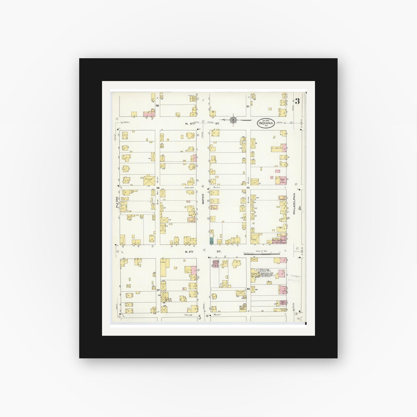 Old map wall art mockup — black gallery frame with white mat — Sanborn Fire Insurance Map from Indiana, Indiana County, Pennsylvania (1910), Sheet #0003