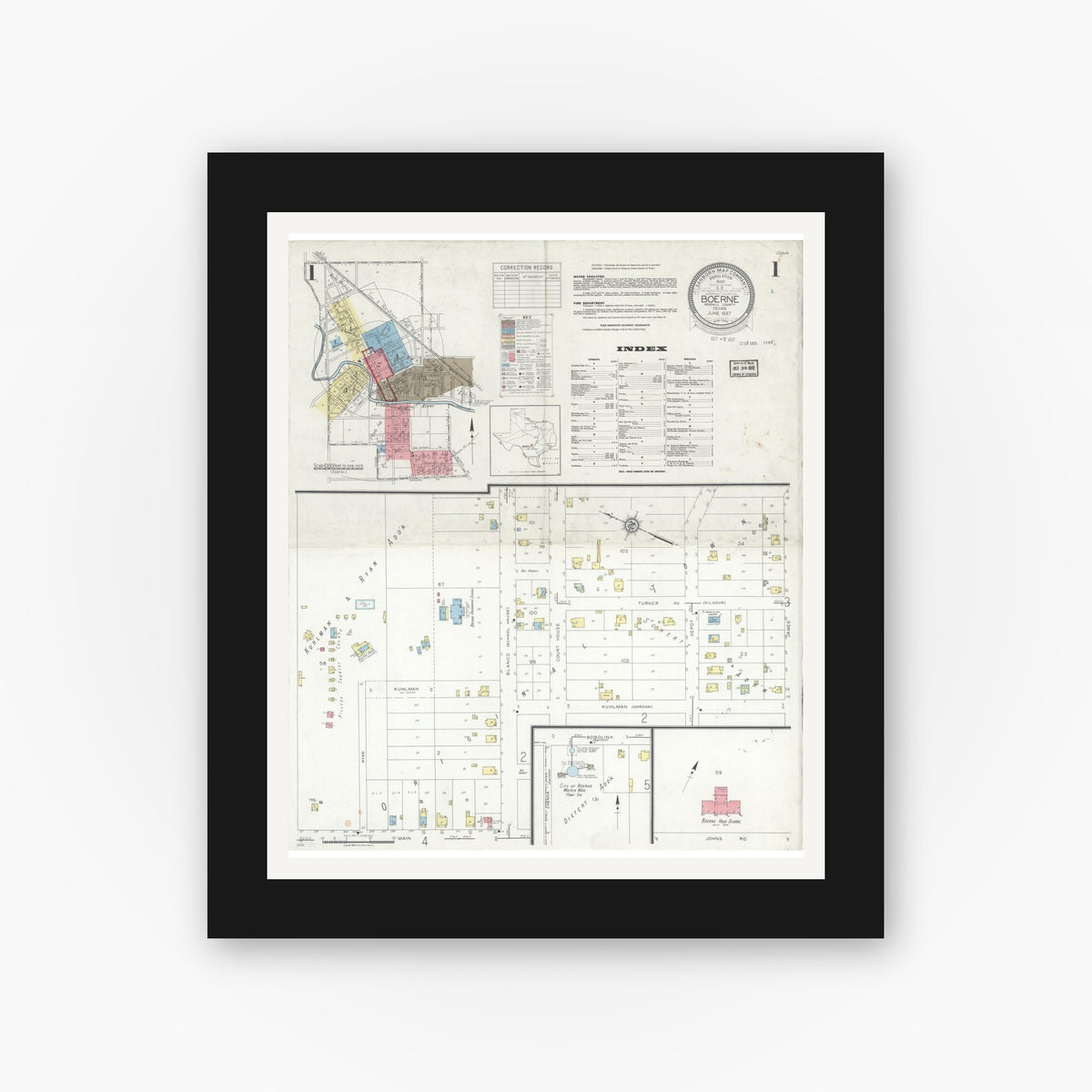 Old map wall art mockup — black gallery frame with white mat — Sanborn Fire Insurance Map from Boerne, Kendall County, Texas (1937) - Complete Map Set
