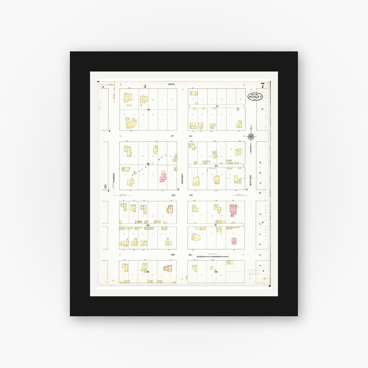 Old map wall art mockup — black gallery frame with white mat — Sanborn Fire Insurance Map from Ackley, Hardin and Franklin Counties, Iowa (1911), Sheet #0007